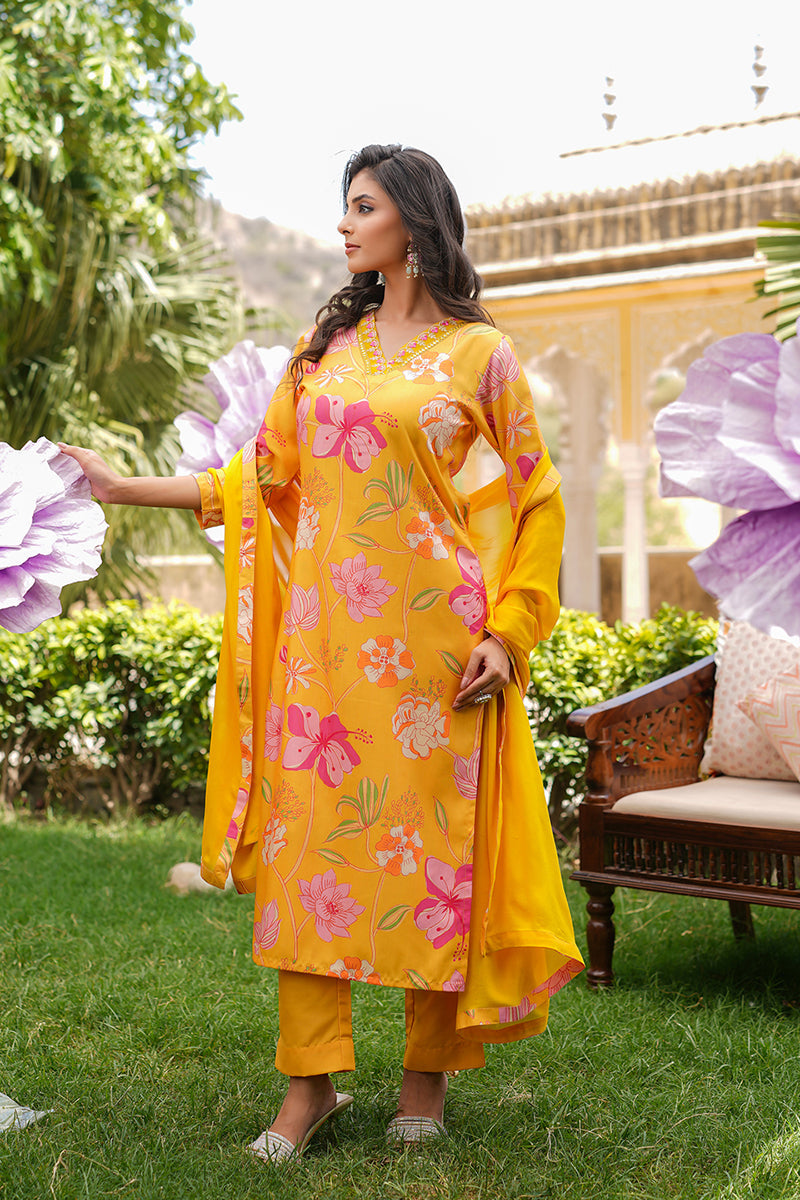 Yellow Silk Blend Floral Printed Straight Kurta Trousers With Dupatta | SHOBITAM