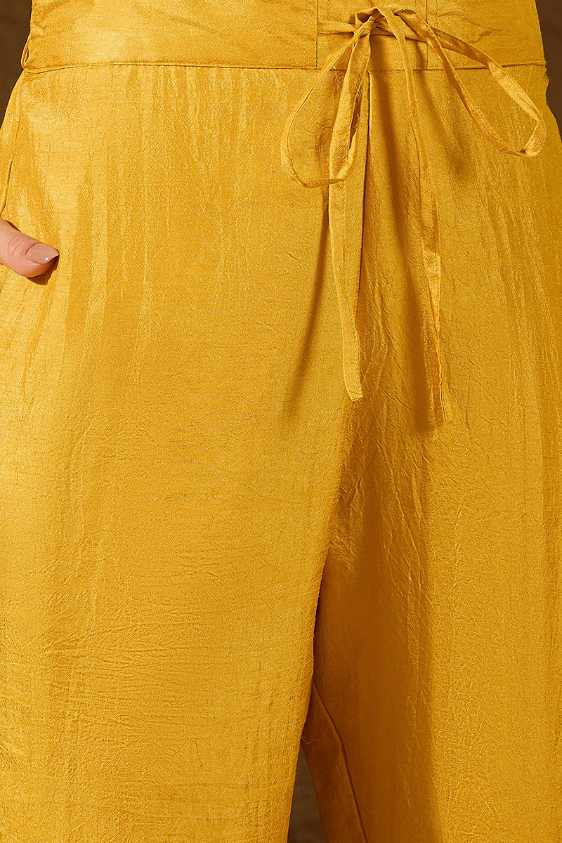 Yellow Silk Blend Solid Embroidered A-Line Kurta Trouser With Dupatta | SHOBITAM