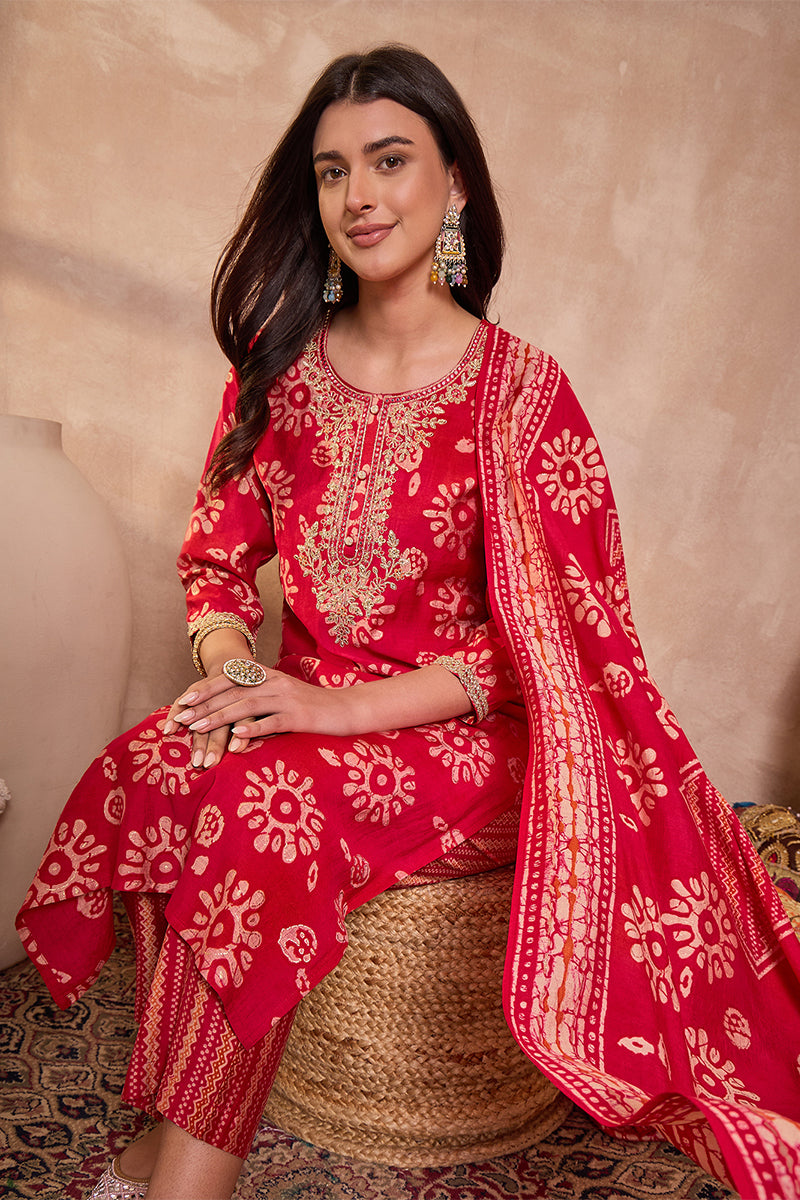 Pink Rayon Blend Floral Printed Straight Kurta Trouser With Dupatta | SHOBITAM