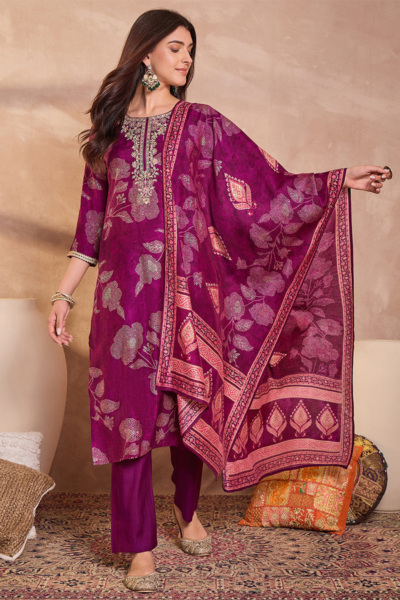 Purple Silk Blend Floral Printed Straight Kurta Trouser With Dupatta | SHOBITAM