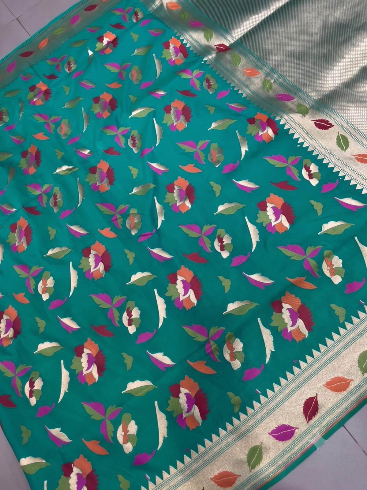 Rama Green Semi Silk Saree with Meenakari Floral Design and Zari Borders | SHOBITAM