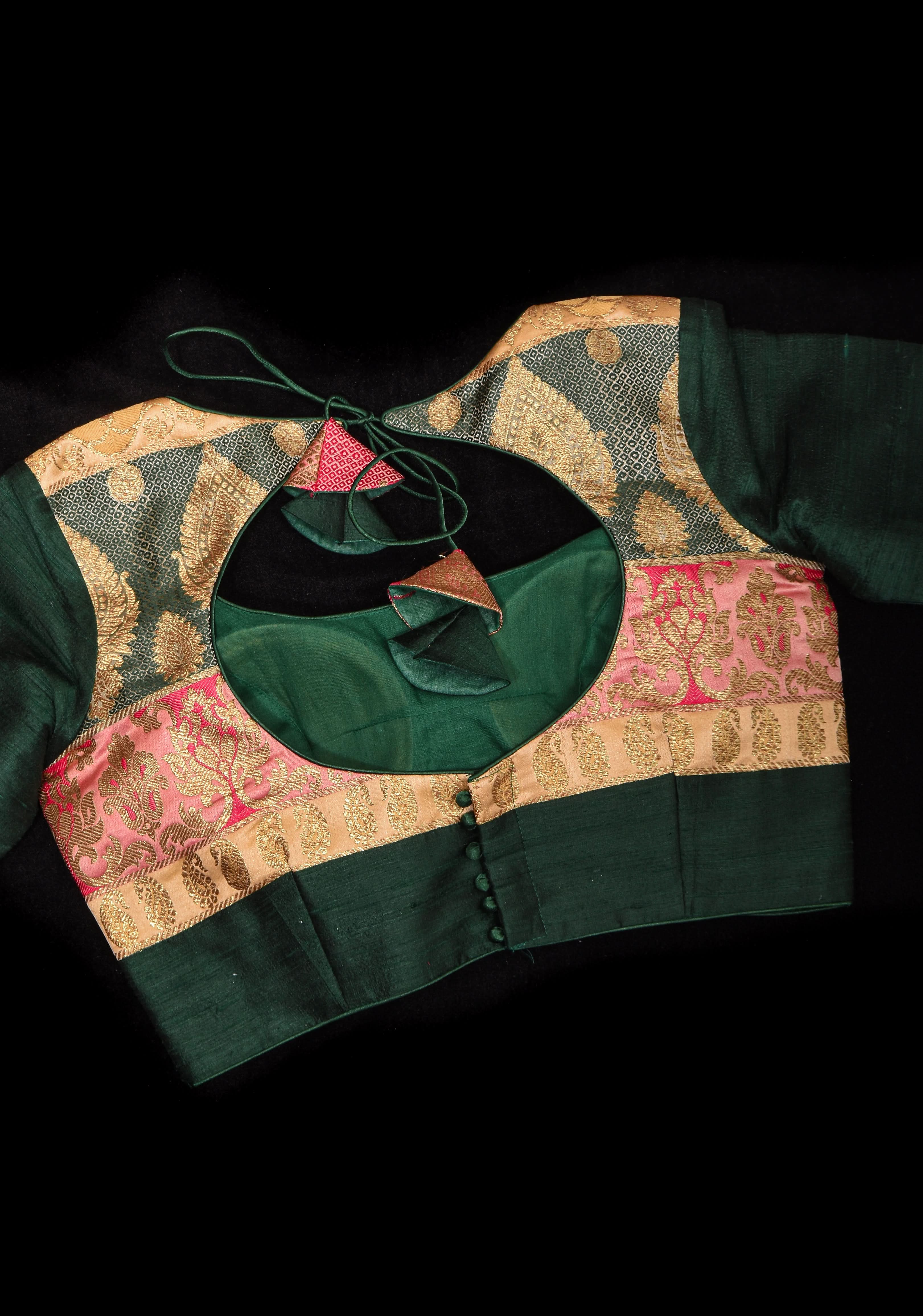 Banarasi brocade and Bottle Green pure Raw silk blouse with 3/4 sleeves | Shobitam