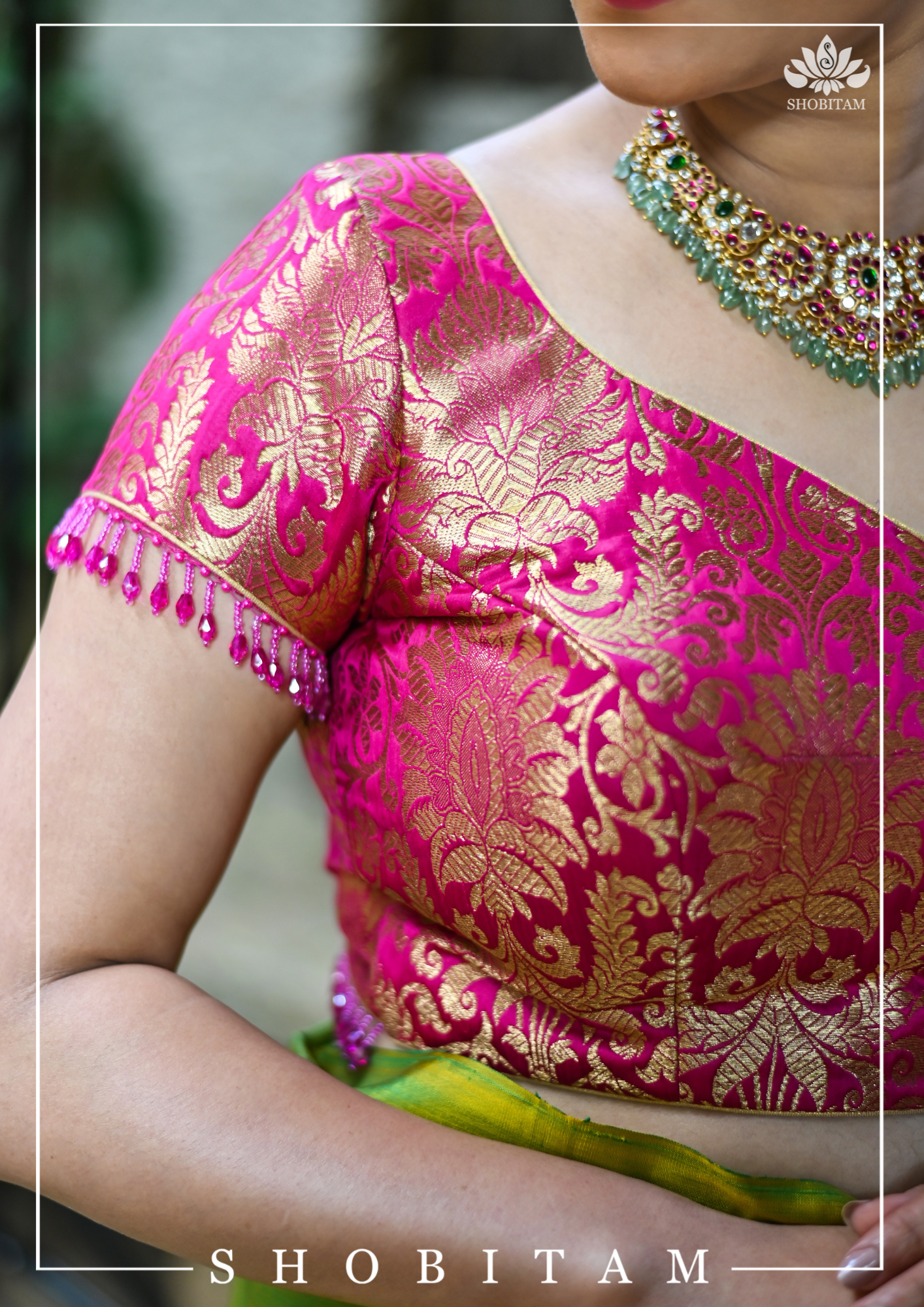 Rani Pink Banarasi Brocade Blouse with Back tie design and dangling beads | Shobitam