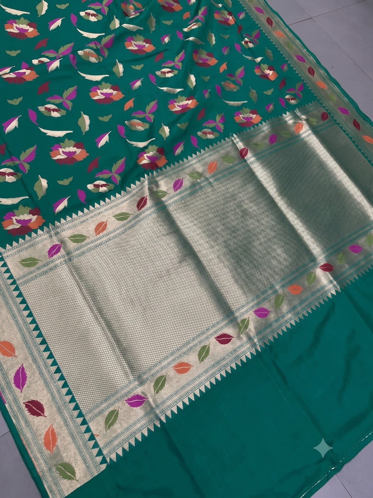 Rama Green Semi Silk Saree with Meenakari Floral Design and Zari Borders | SHOBITAM