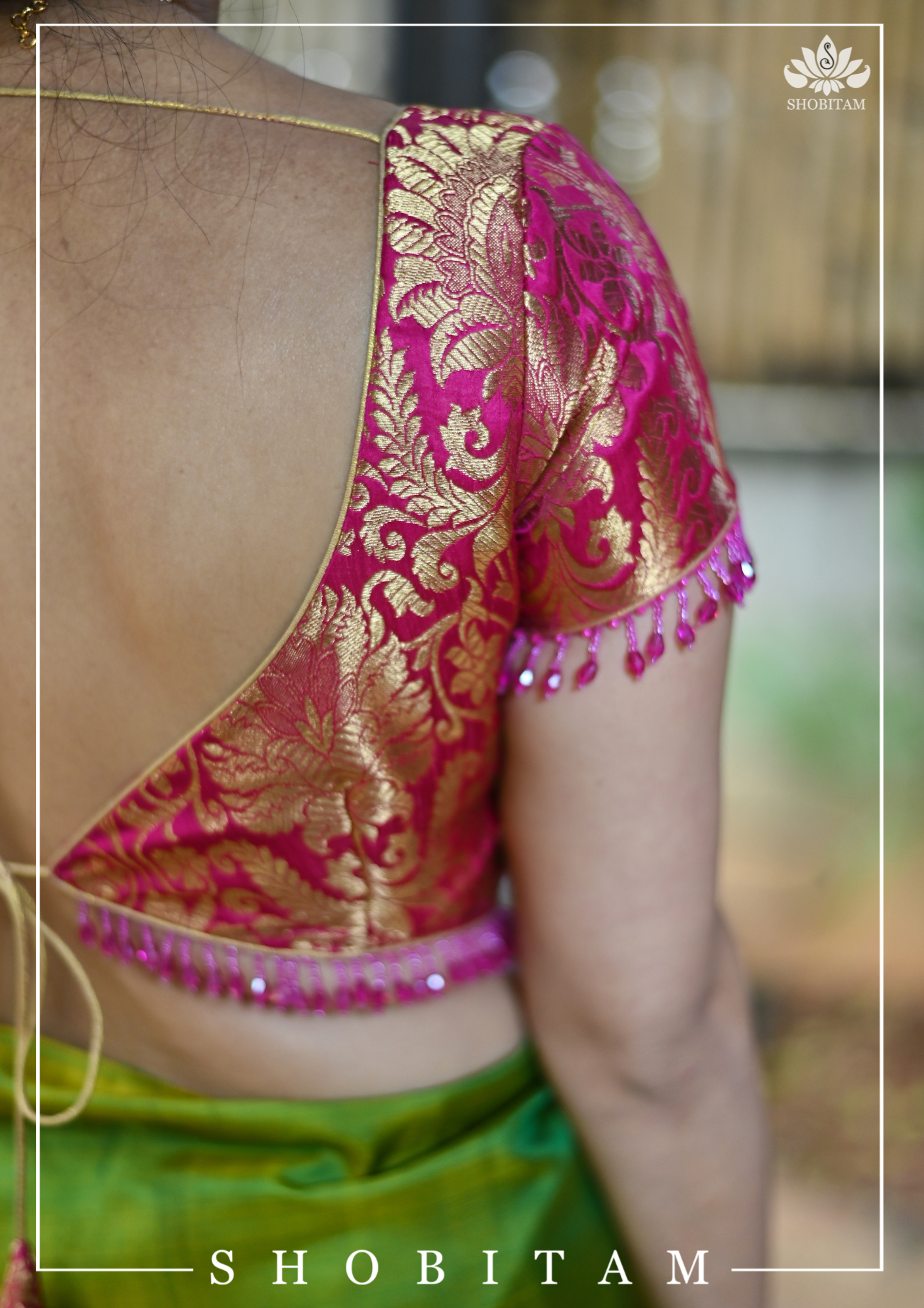 Rani Pink Banarasi Brocade Blouse with Back tie design and dangling beads | Shobitam