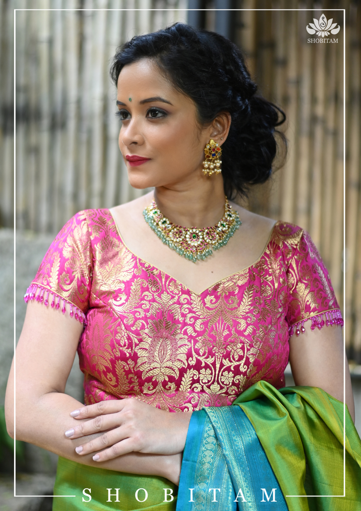 Rani Pink Banarasi Brocade Blouse with Back tie design and dangling beads | Shobitam