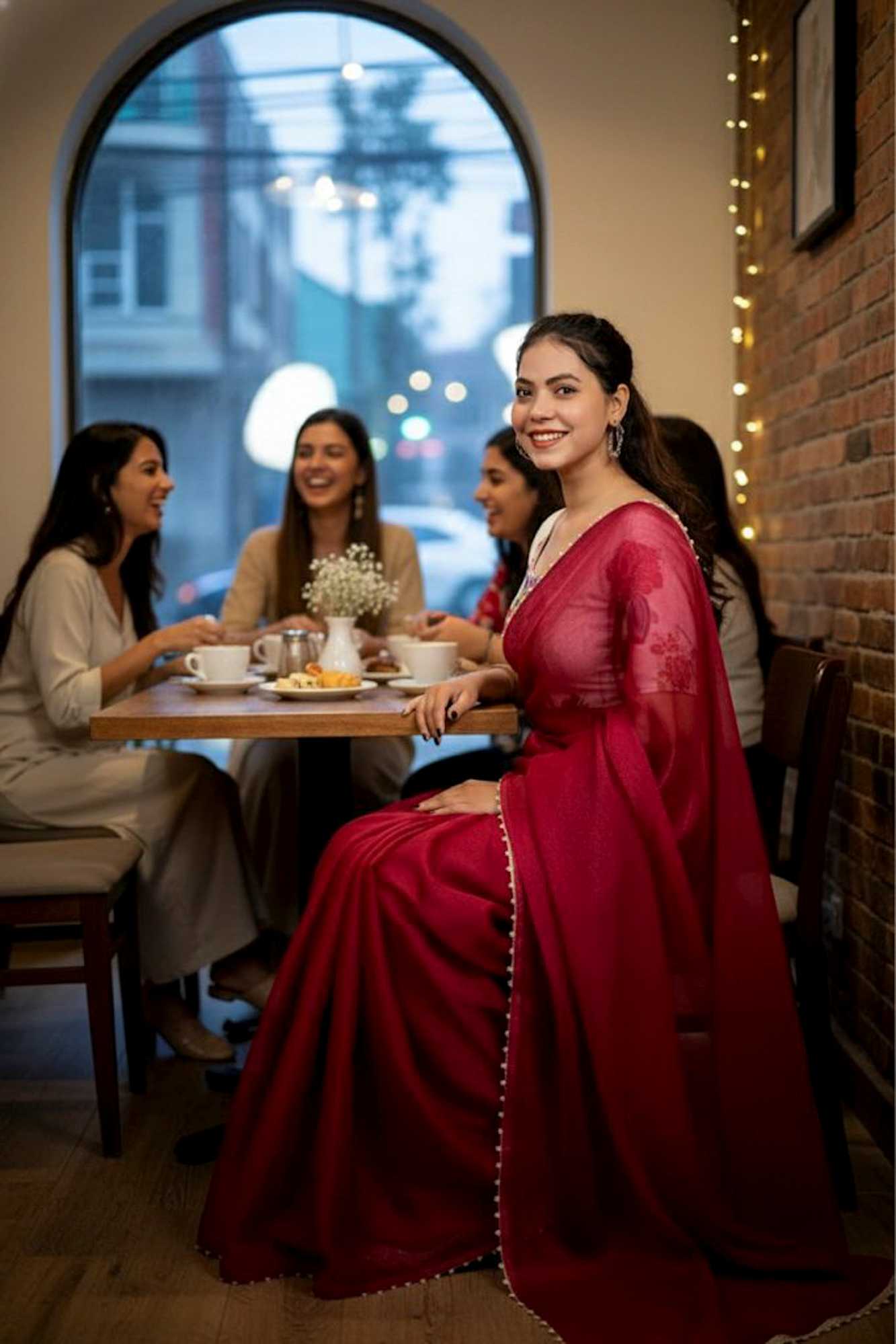Beautiful Red Silk Crush Saree with Lace Trimmed Border & Full Stitched Kalamkari Print Handwork Blouse Wrap in 1 Minute Saree