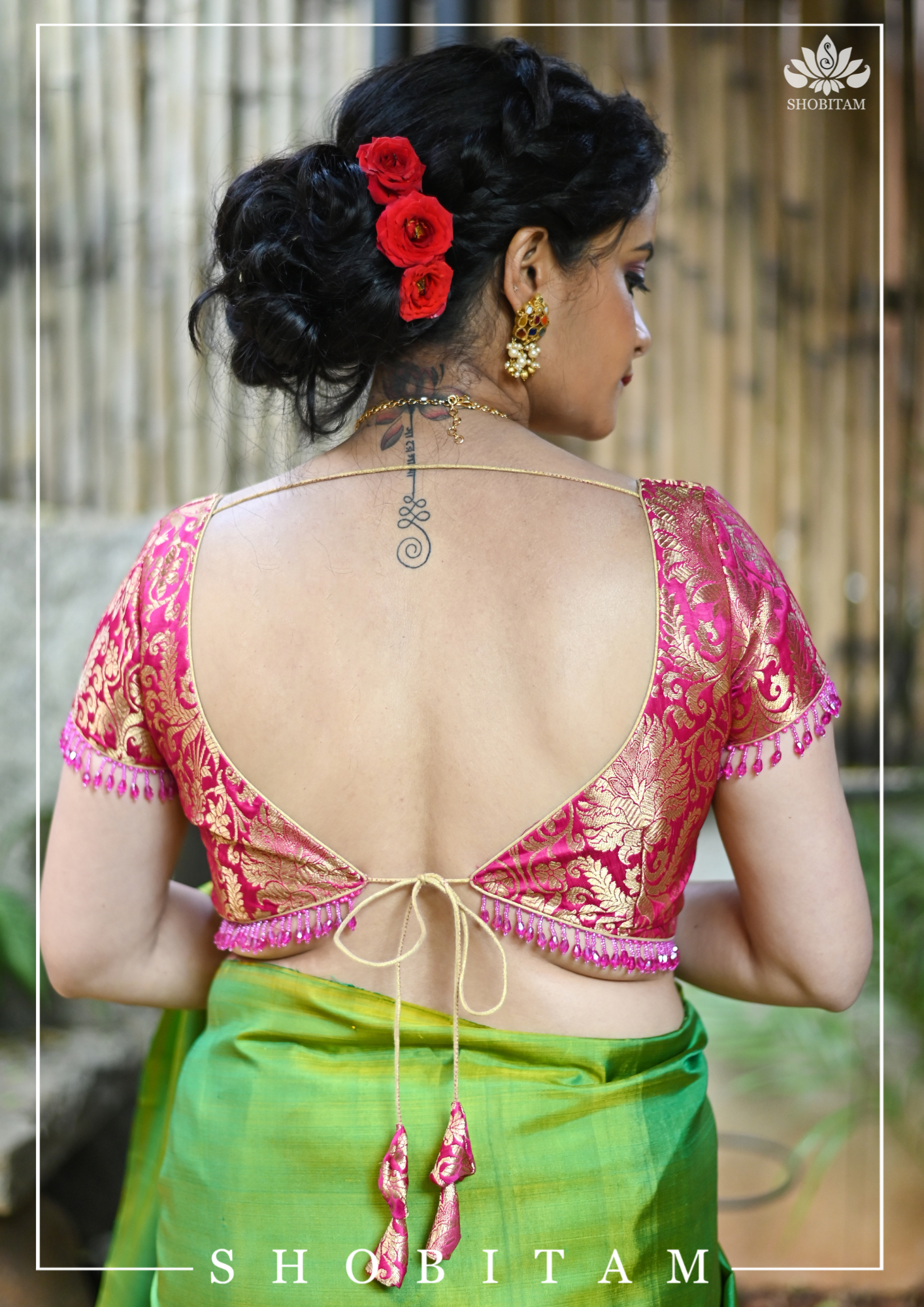 Rani Pink Banarasi Brocade Blouse with Back tie design and dangling beads | Shobitam