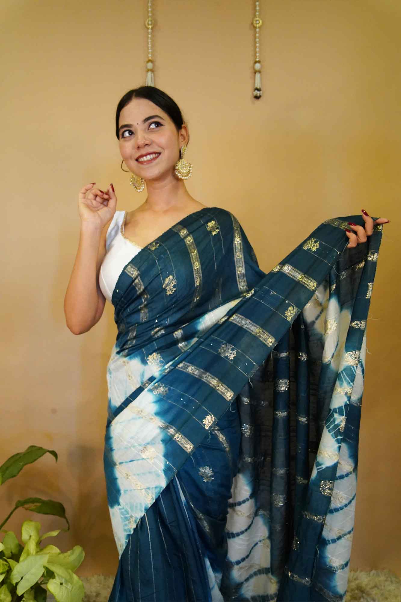 Tie and Dye Embellished  Cotton Silk With Woven Zari and Sequins With Tassal Pallo  Wrap in 1 minute saree
