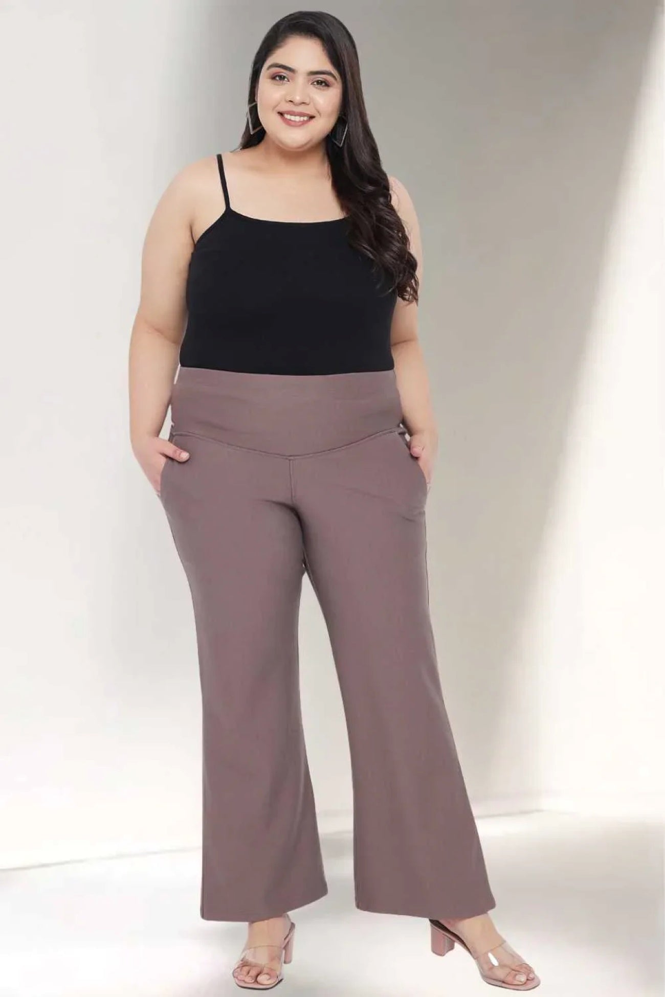 Plus Size Brownish Gray Tummy Shaper Flare Pants For Women | Made to Order