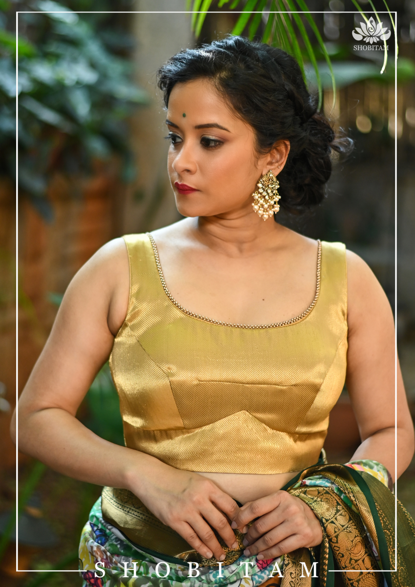 Made to Measure: Gold brocade U neck sleeveless blouse | Shobitam