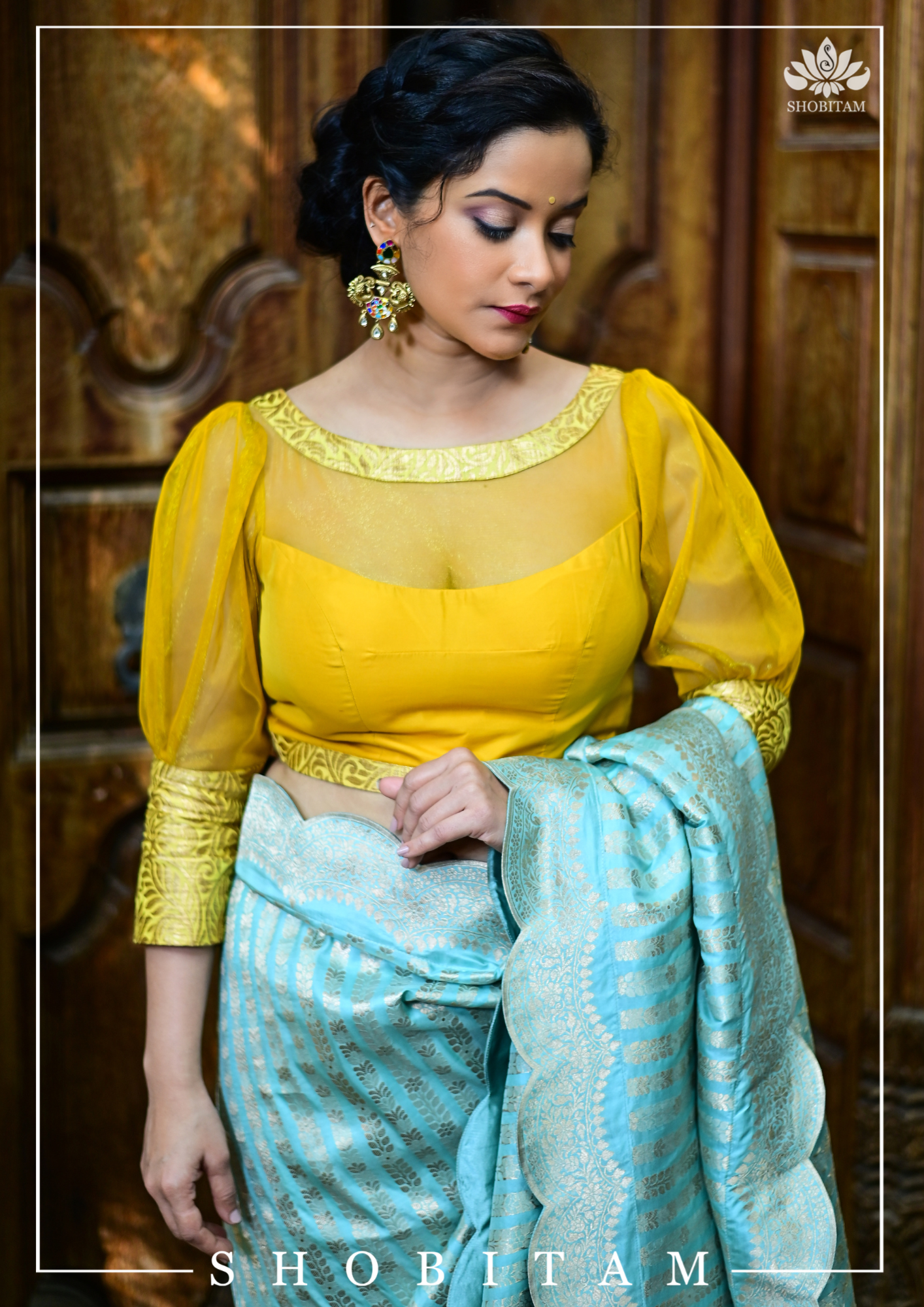 Mustard boat neck Blouse with Sheer Yoke and Puff Sleeves, Banarasi Brocade Detailing | Shobitam