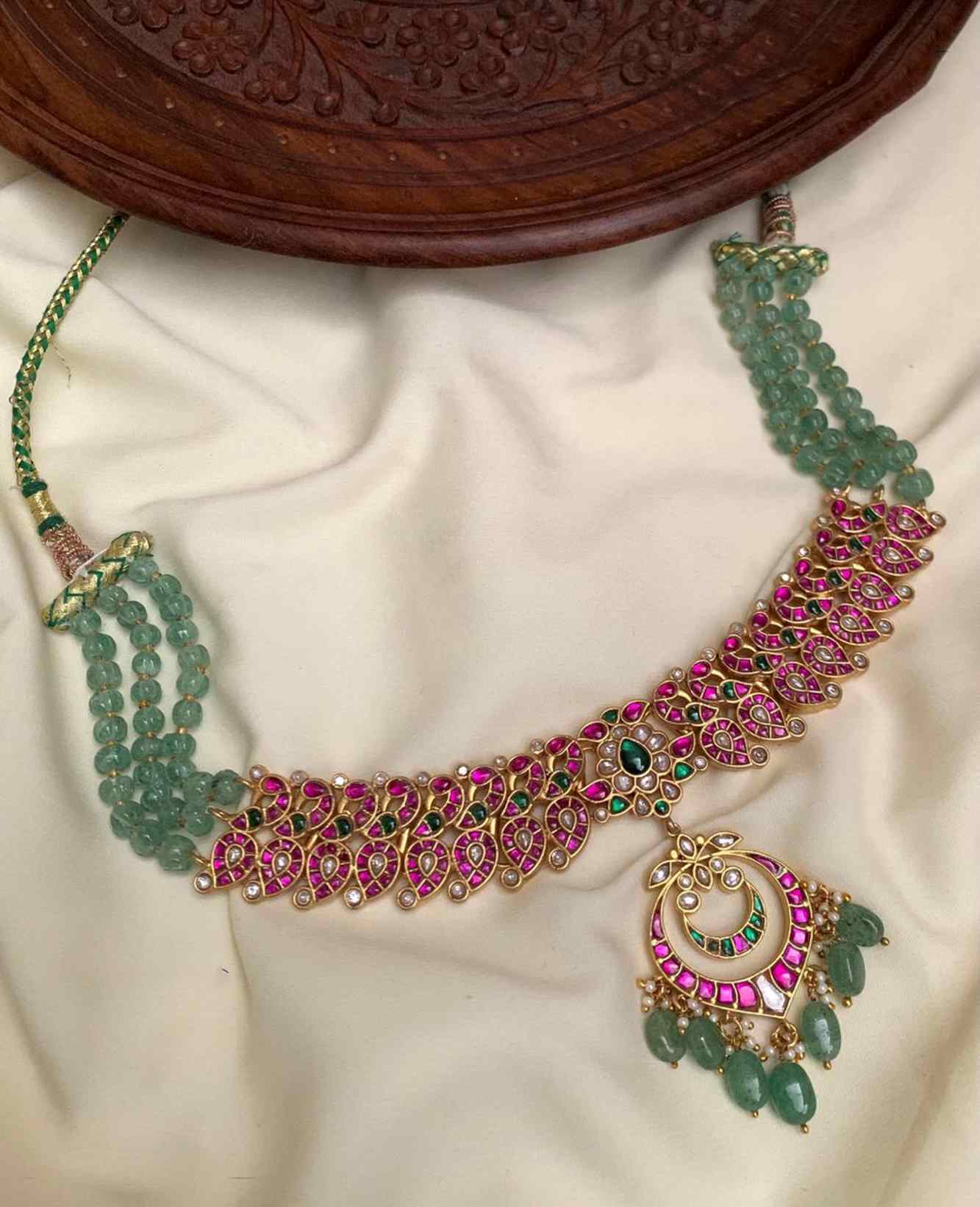 PINK GREEN KUNDAN CHOKER & POLKI NECKLACE