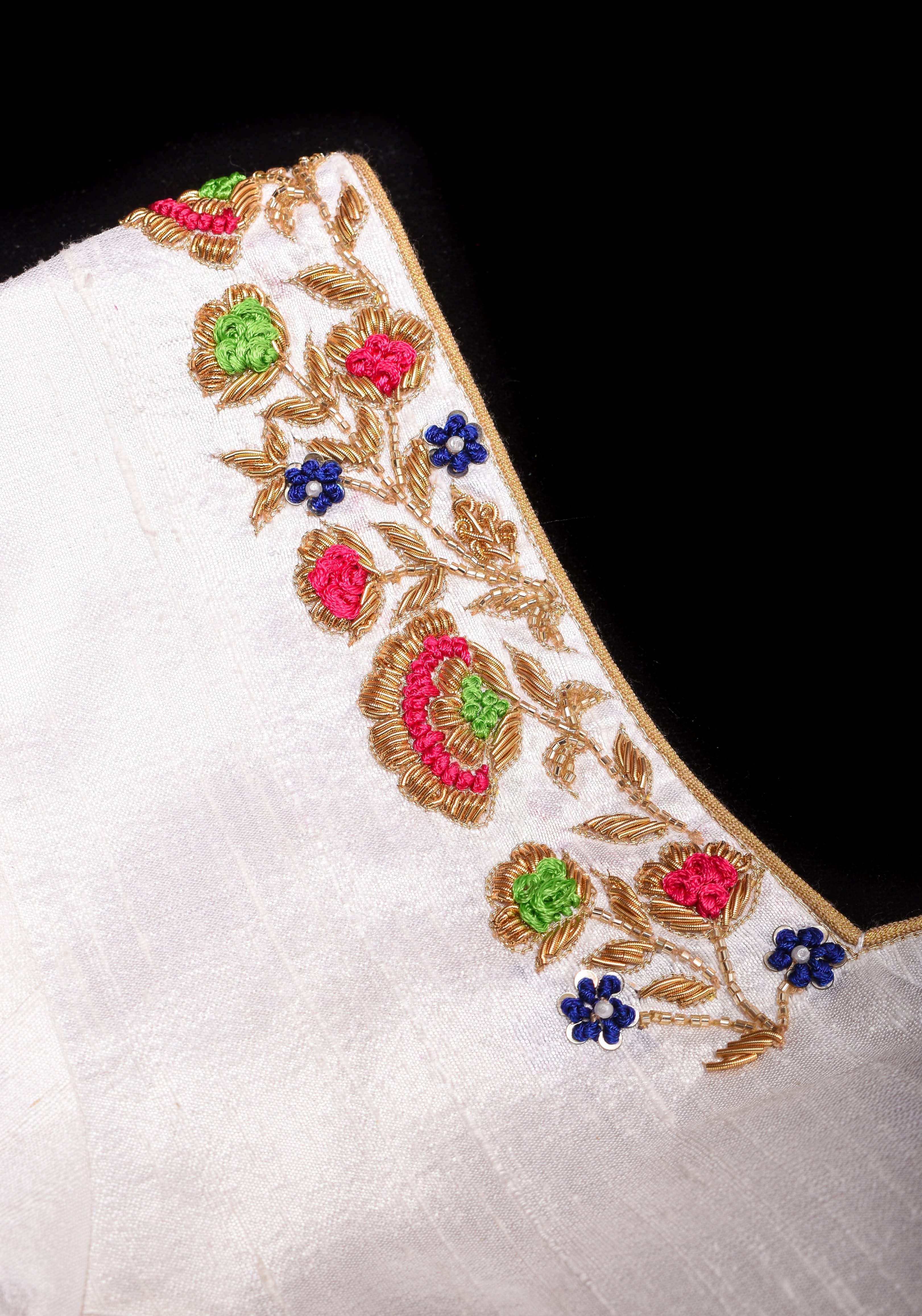 Off White Pure Raw Silk Blouse with multicolor Resham Hand Embroidery | Shobitam