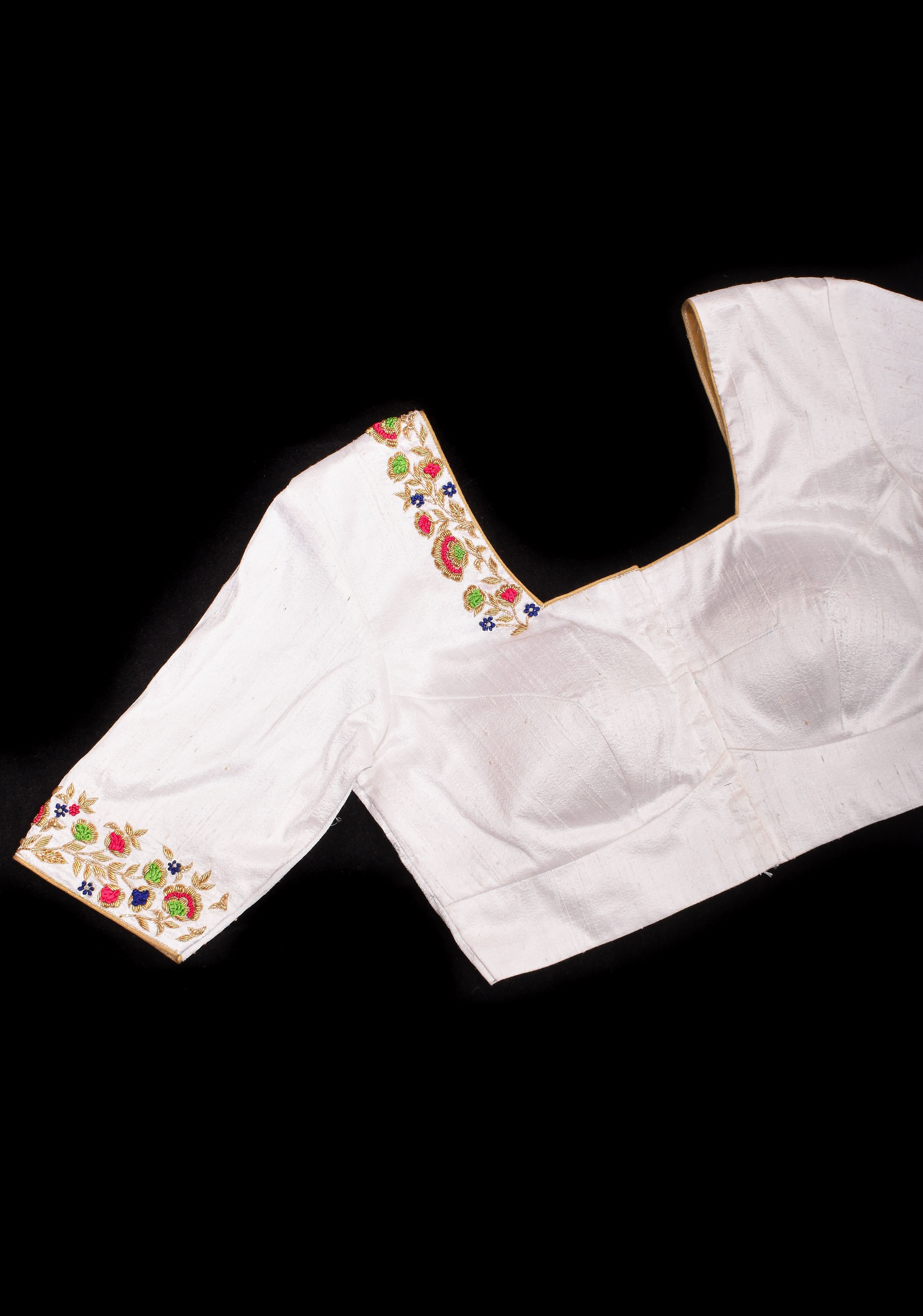 Off White Pure Raw Silk Blouse with multicolor Resham Hand Embroidery | Shobitam