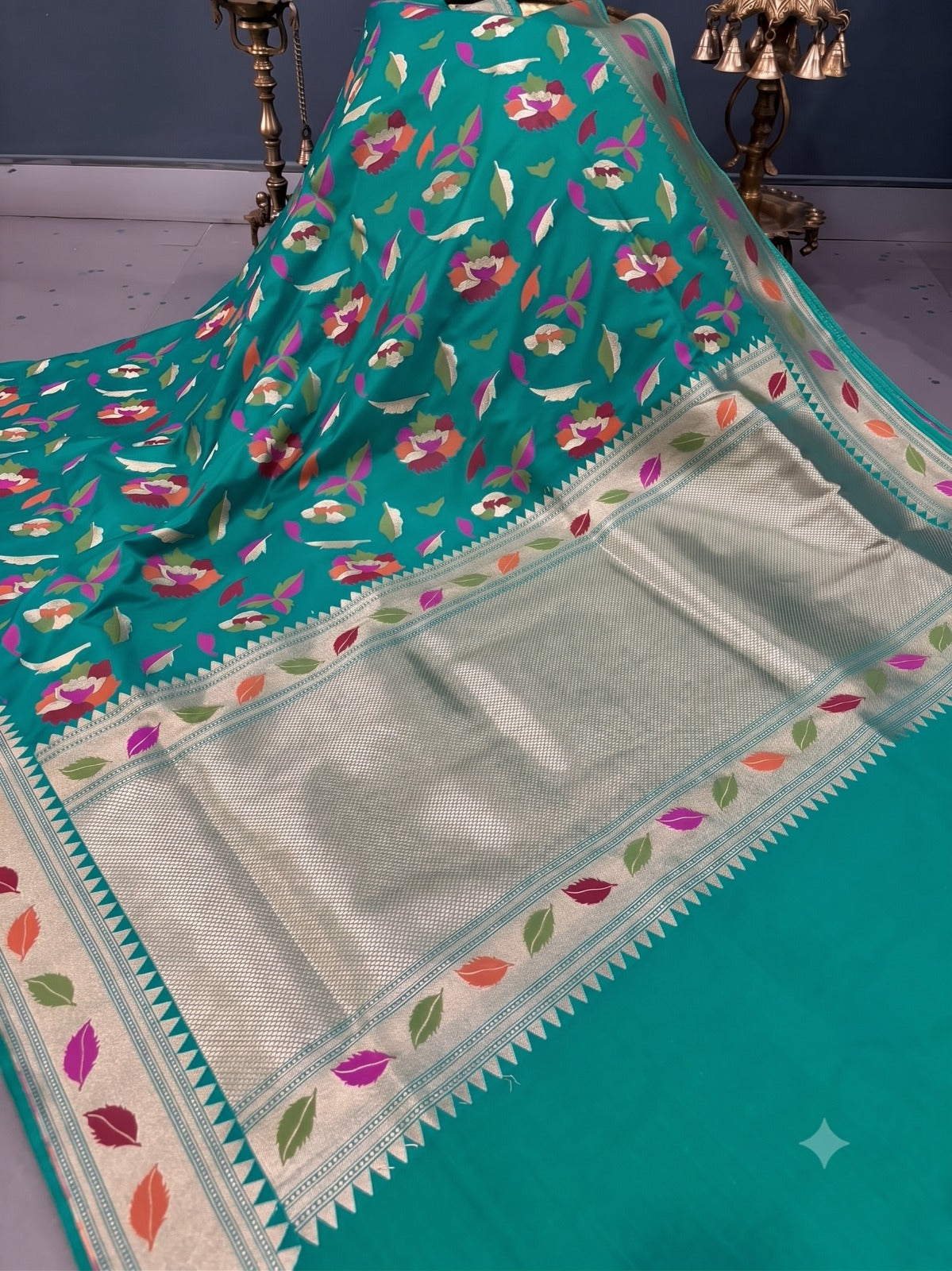 Rama Green Semi Silk Saree with Meenakari Floral Design and Zari Borders | SHOBITAM