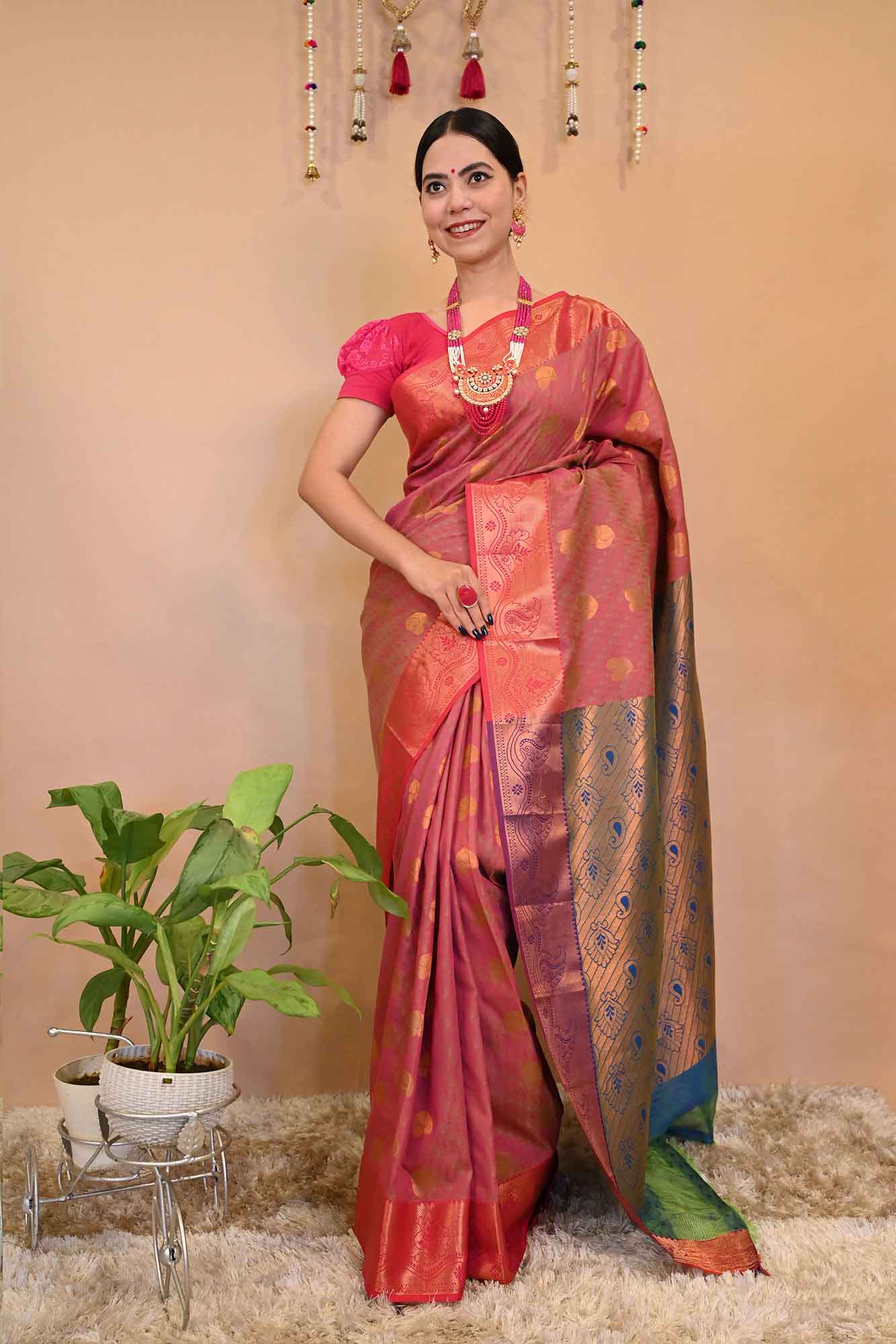Rich & Festive Kanchipuram with Bengali Embroidered Motifs all over  and zari woven Border Wrap in one minute saree