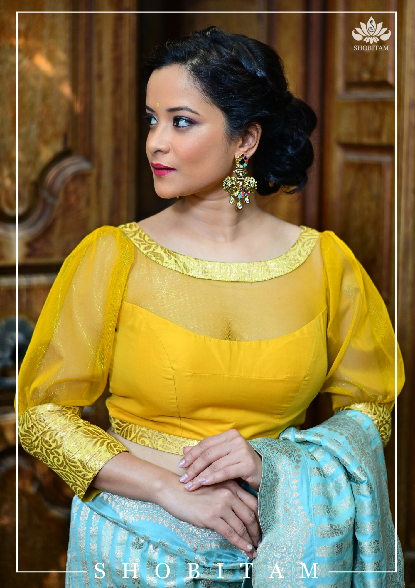Mustard boat neck Blouse with Sheer Yoke and Puff Sleeves, Banarasi Brocade Detailing | Shobitam