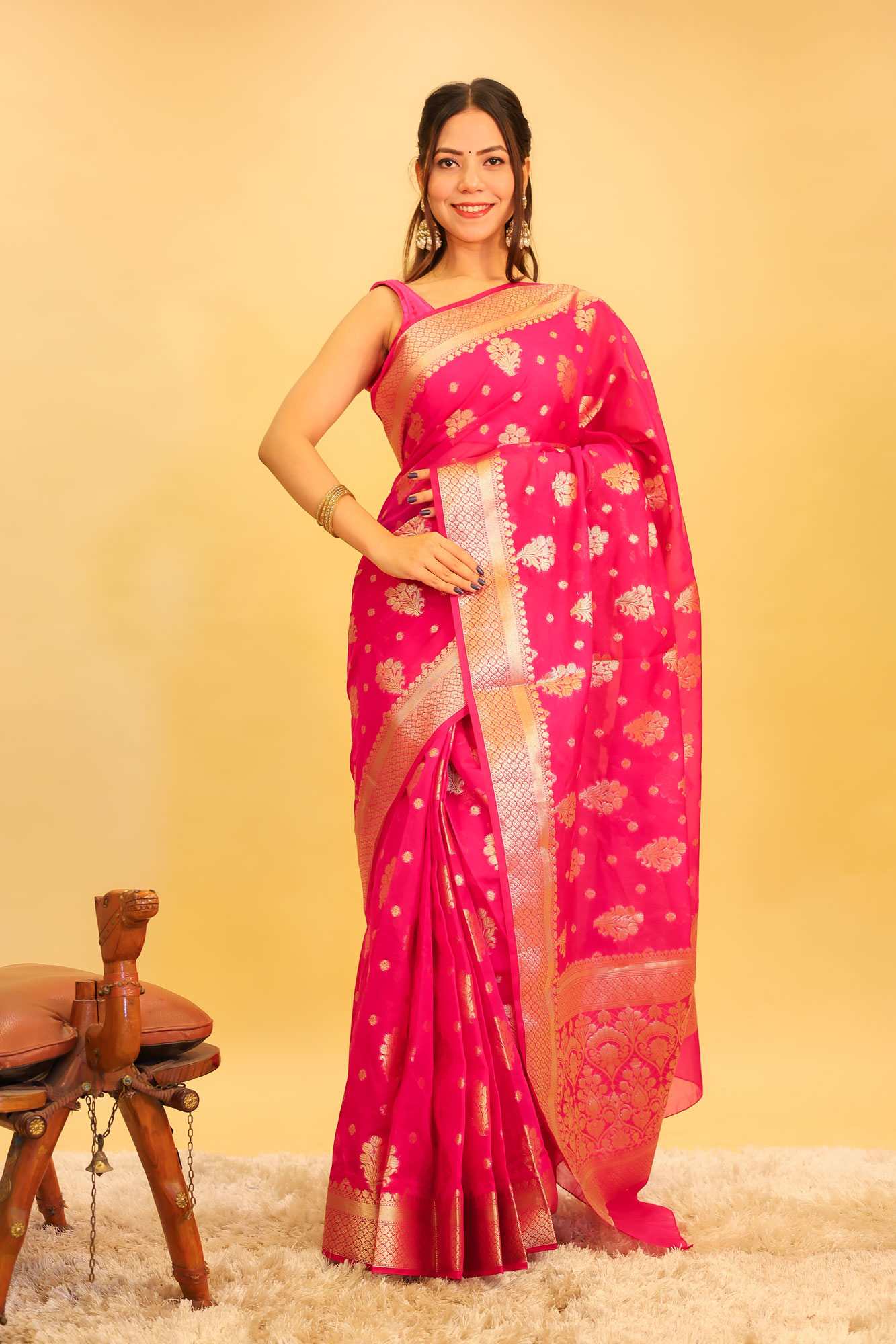 Exquisite Rani Pink Semi Katan Silk Saree with Intricate All-Over Butas and Ornate Palla, Adorned with Luxurious Tassels – A Ready-to-Wear Saree