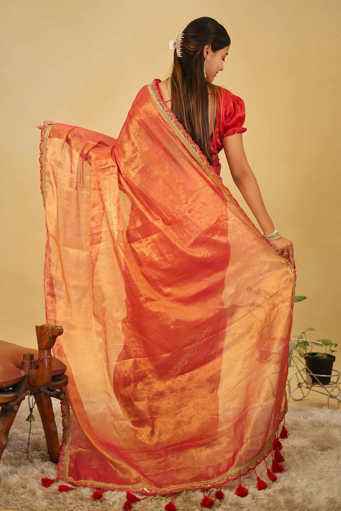 Dhoop Chaanv Tissue Linen With  Designer Sequin Lace Border & Tassel On Pallu  1 Minute saree