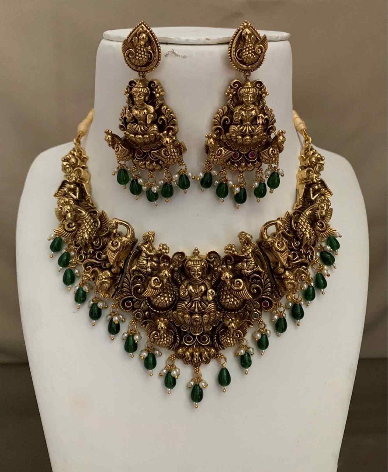 Gold Temple Jewelry Set Antique Necklace Set With Earrings god design and green pearl