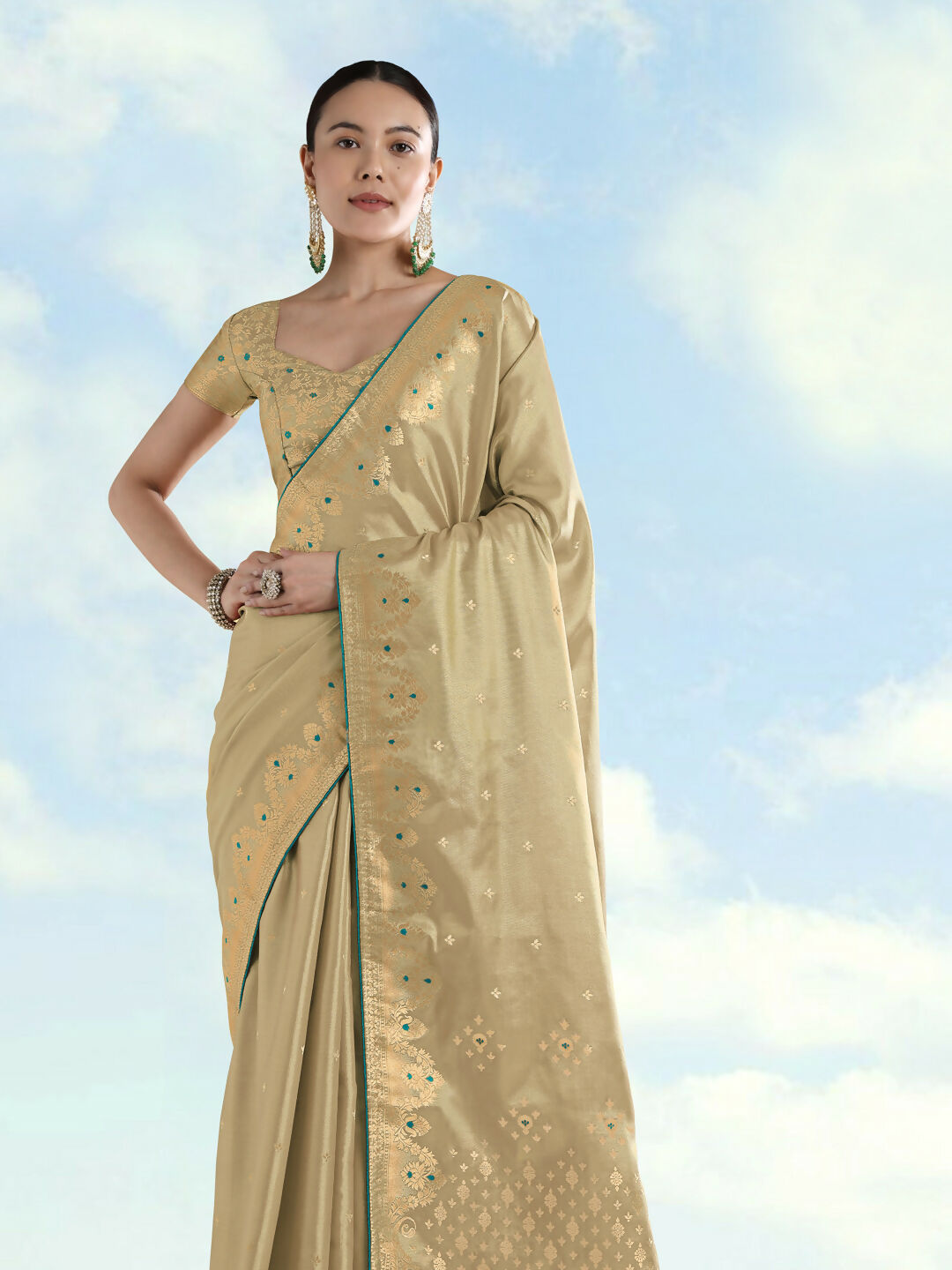 Cream Color Paisley Zari Woven Semi Banarasi Tissue Silk Saree  | Shobitam