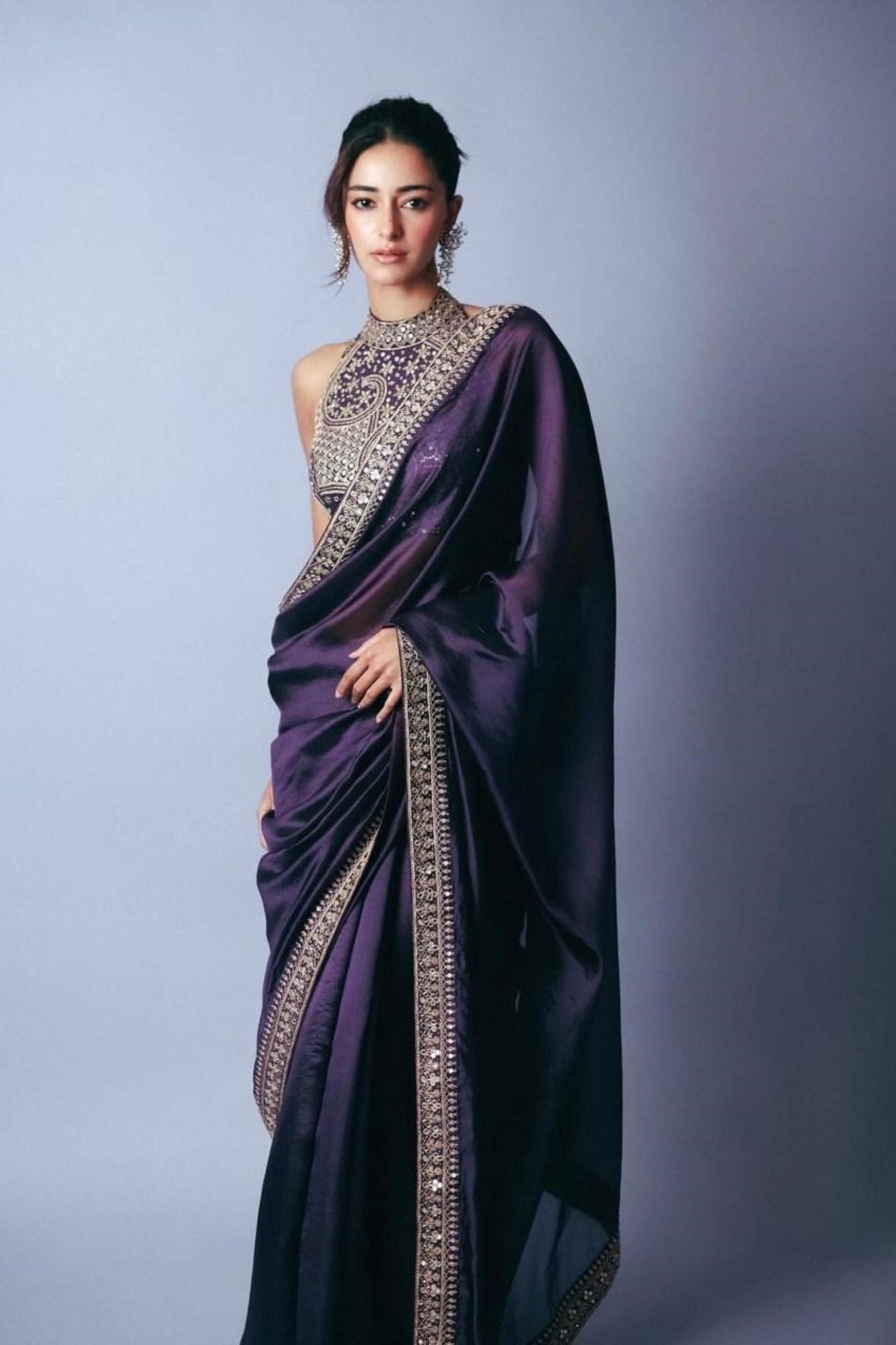 Cotton Organza Crepe Royal Purple with Zari Embroidery Ready To Wear Saree with ready halter blouse