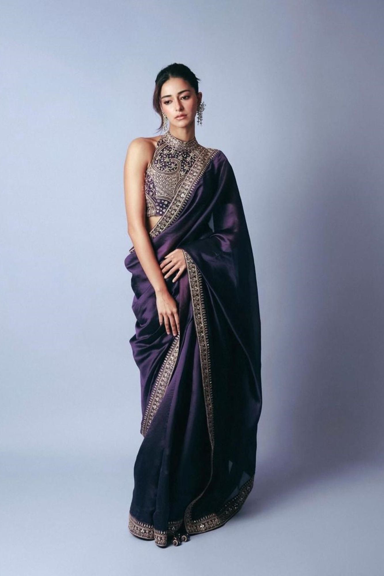 Cotton Organza Crepe Royal Purple with Zari Embroidery Ready To Wear Saree with ready halter blouse