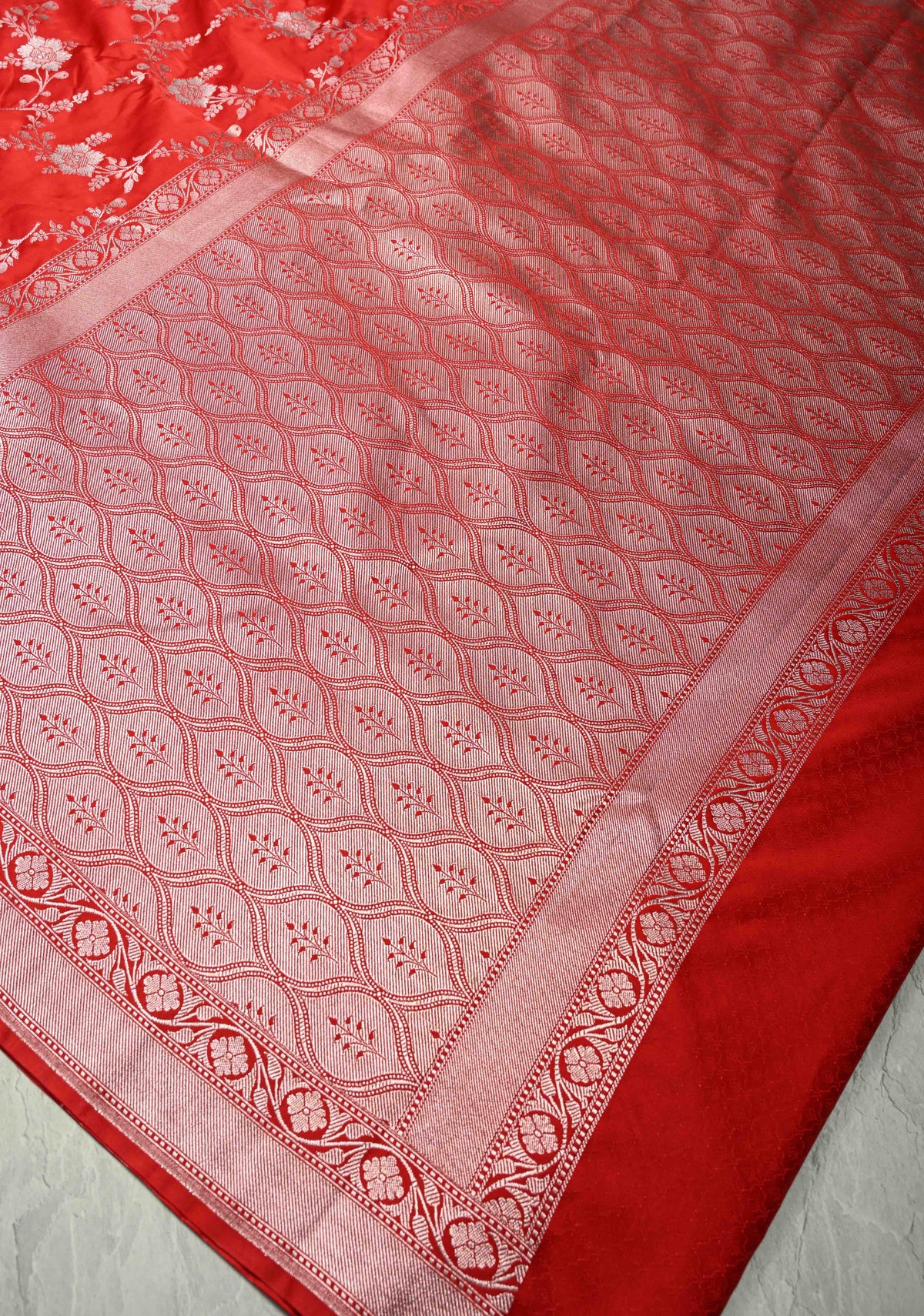 Red Banarasi Semi Mashru Silk Saree with alfi Floral Jaal and Zari Border | SHOBITAM