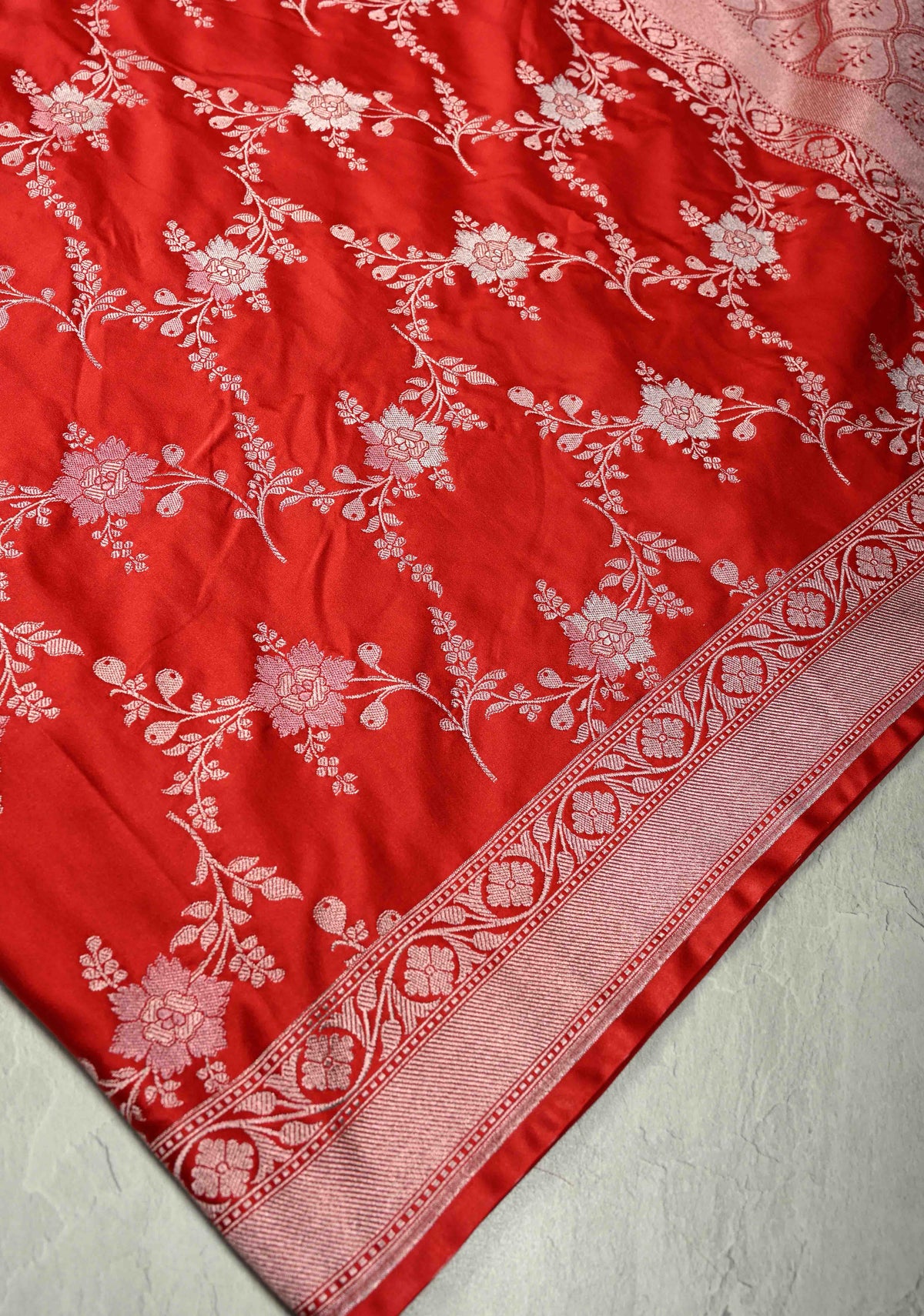 Red Banarasi Semi Mashru Silk Saree with alfi Floral Jaal and Zari Border | SHOBITAM