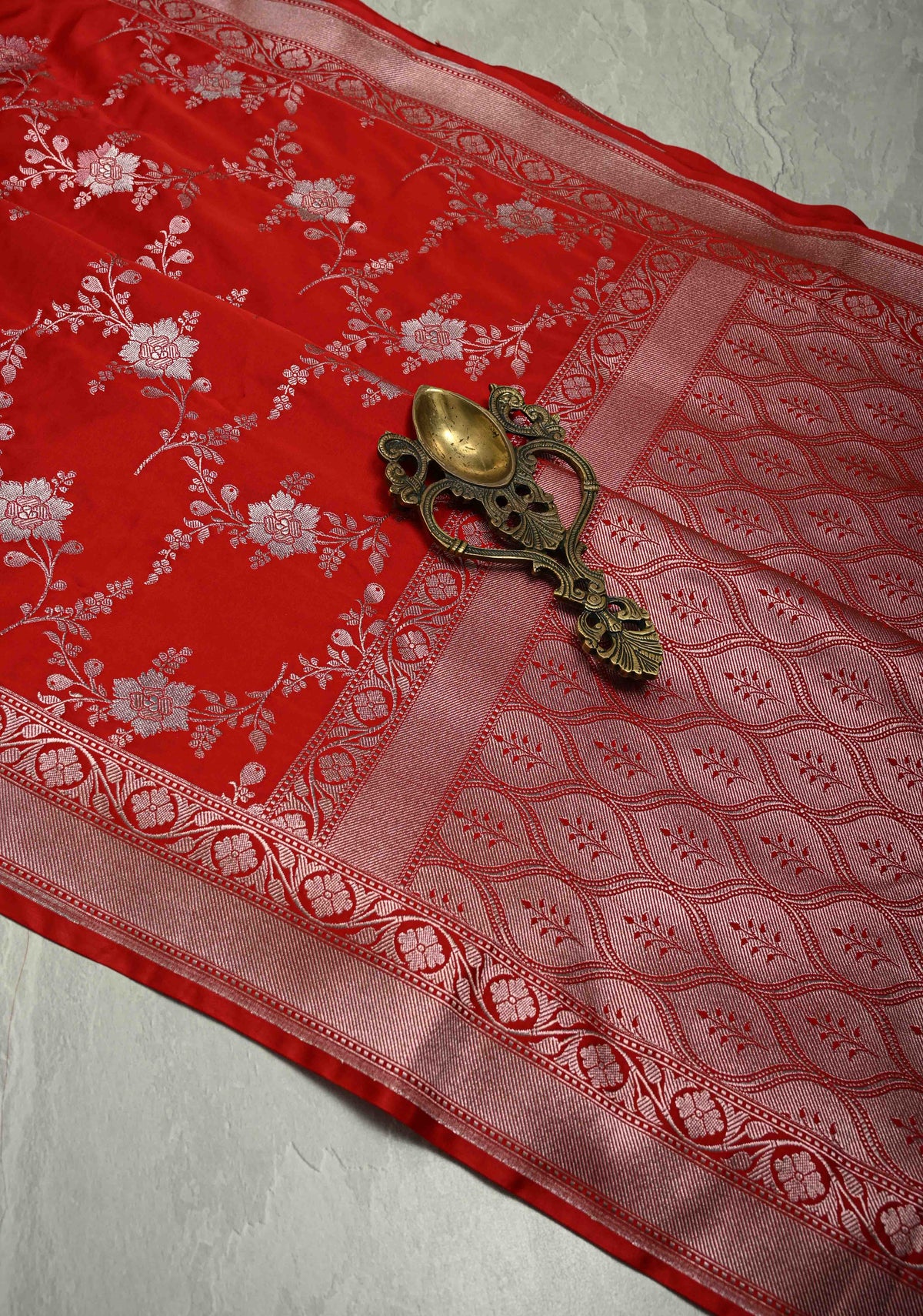 Red Banarasi Semi Mashru Silk Saree with alfi Floral Jaal and Zari Border | SHOBITAM