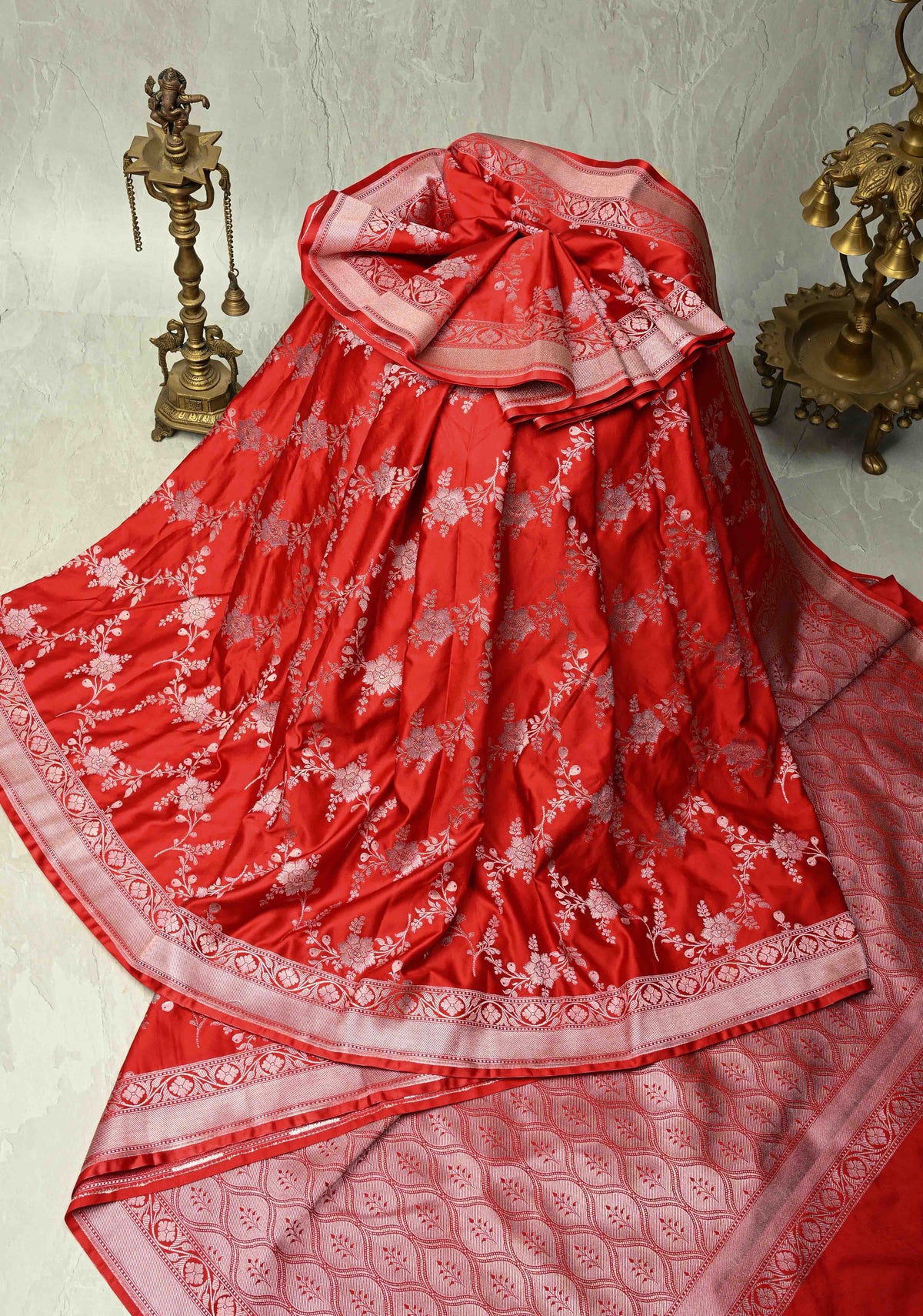 Red Banarasi Semi Mashru Silk Saree with alfi Floral Jaal and Zari Border | SHOBITAM
