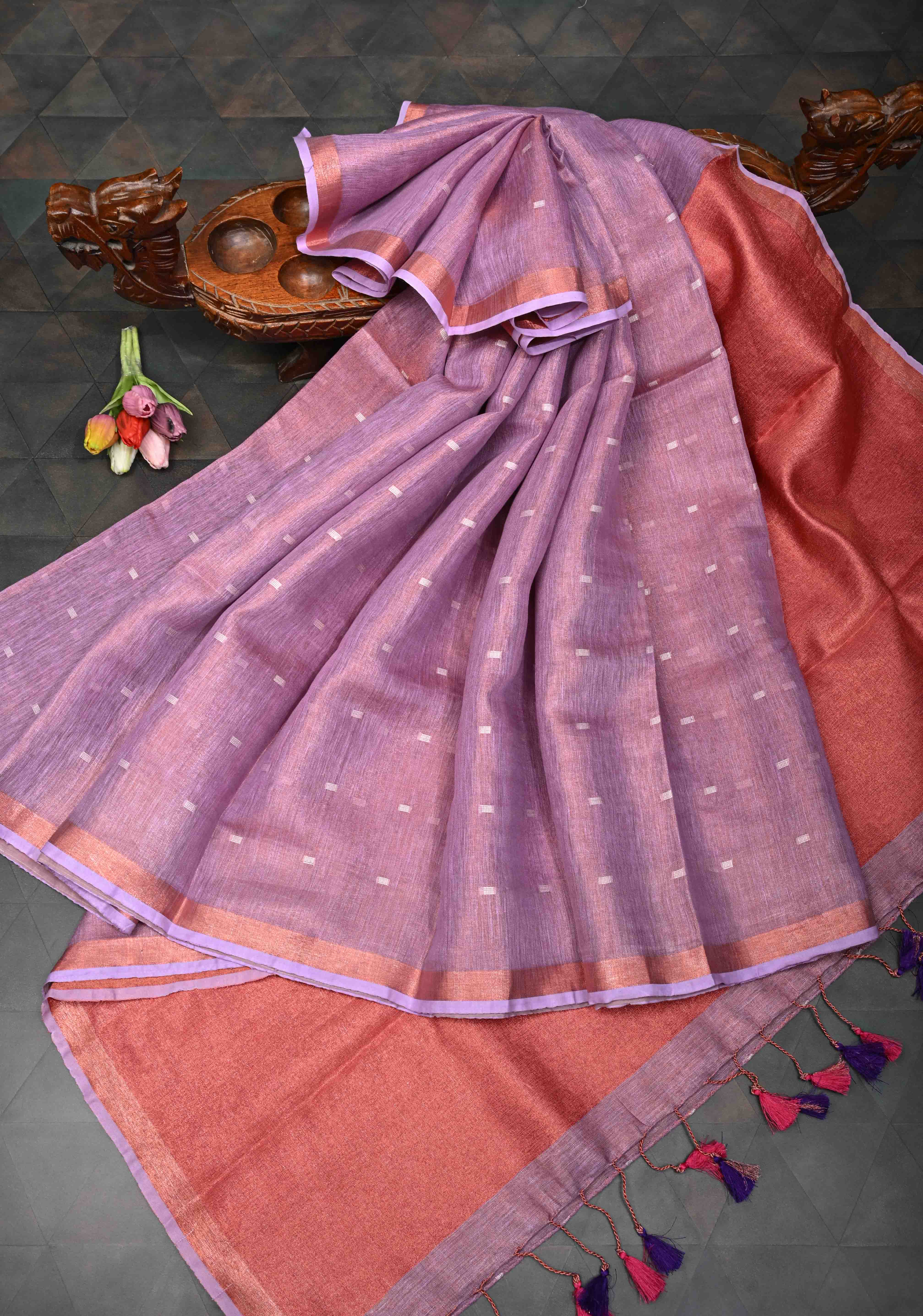 Pink Tissue Linen Saree with Thread Buttas Contrast Zari Border | Shobitam