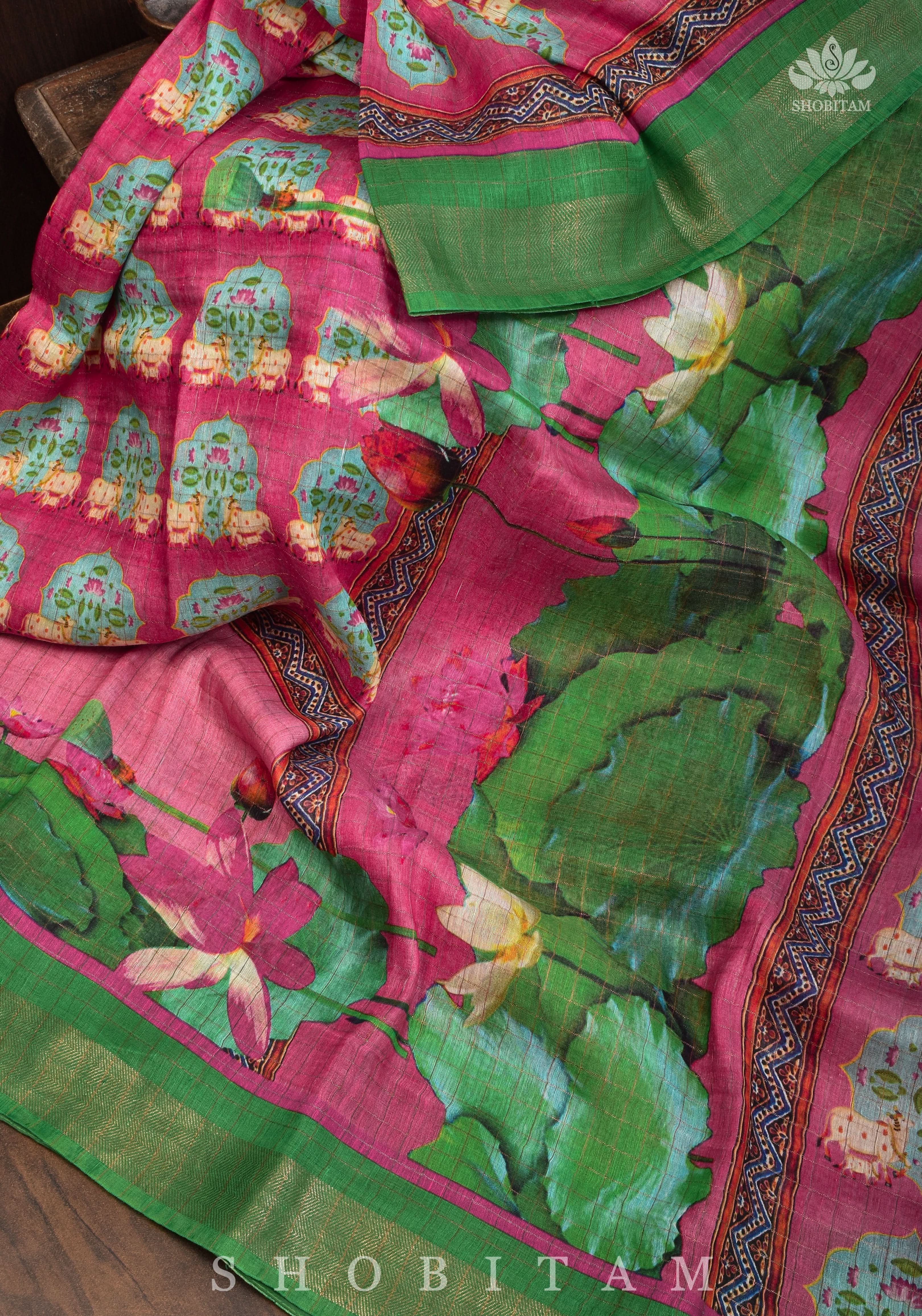 Silk Linen Saree with Pichwai Digital Print | Shobitam Saree