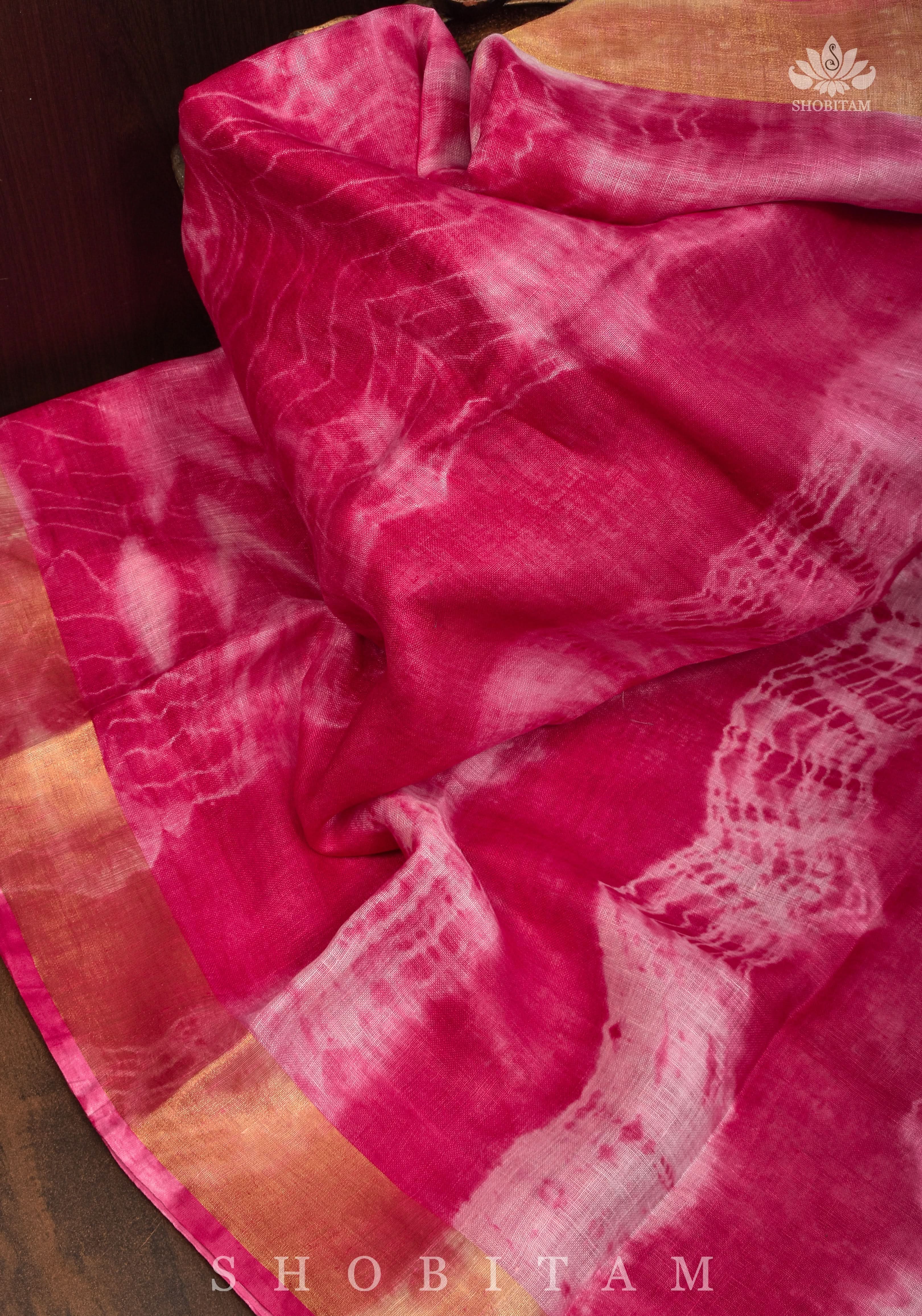 Handmade Shibori Dye Pure Linen by Linen Saree in Amaranth Pink and White with long tassels | Shobitam