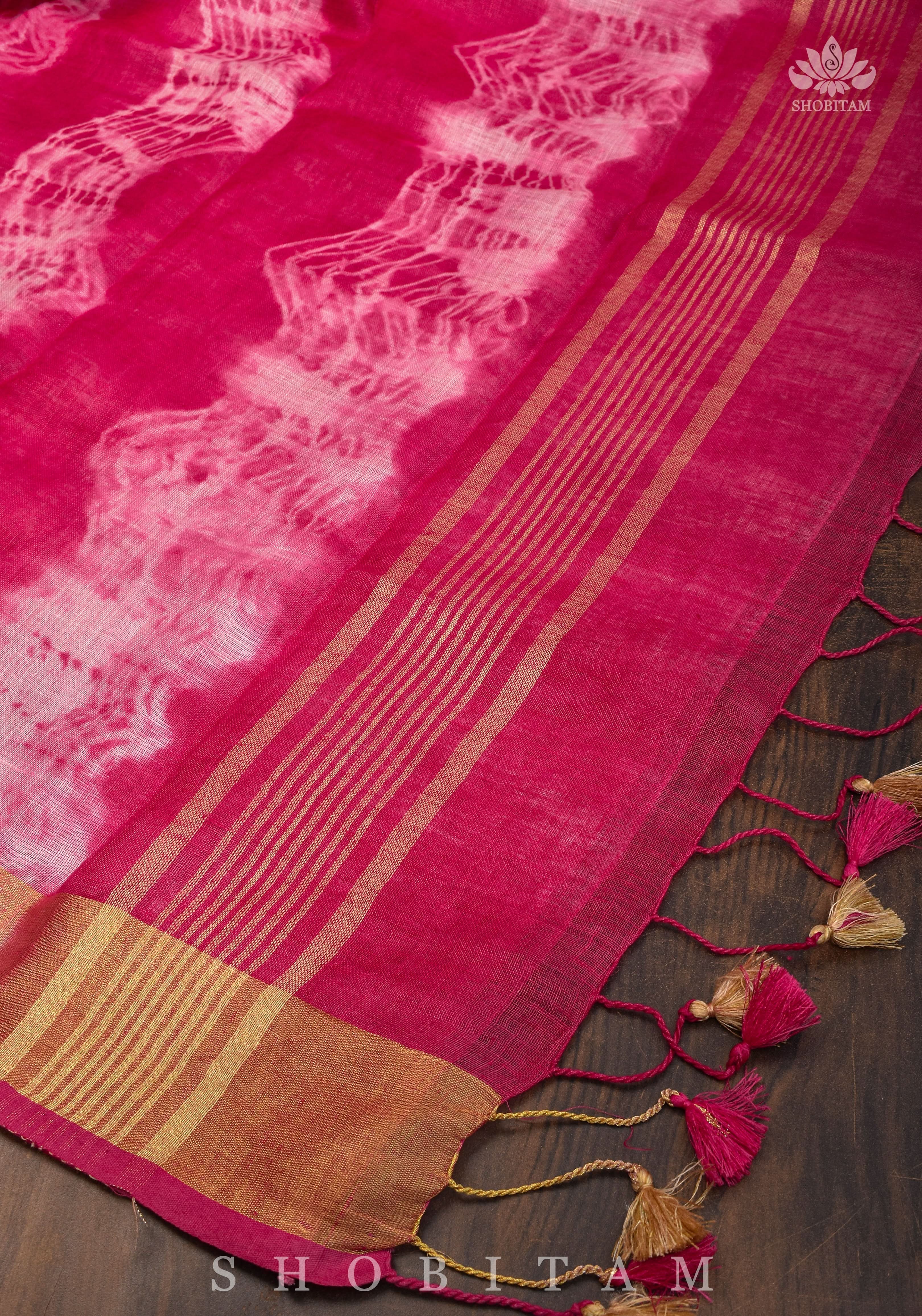 Handmade Shibori Dye Pure Linen by Linen Saree in Amaranth Pink and White with long tassels | Shobitam