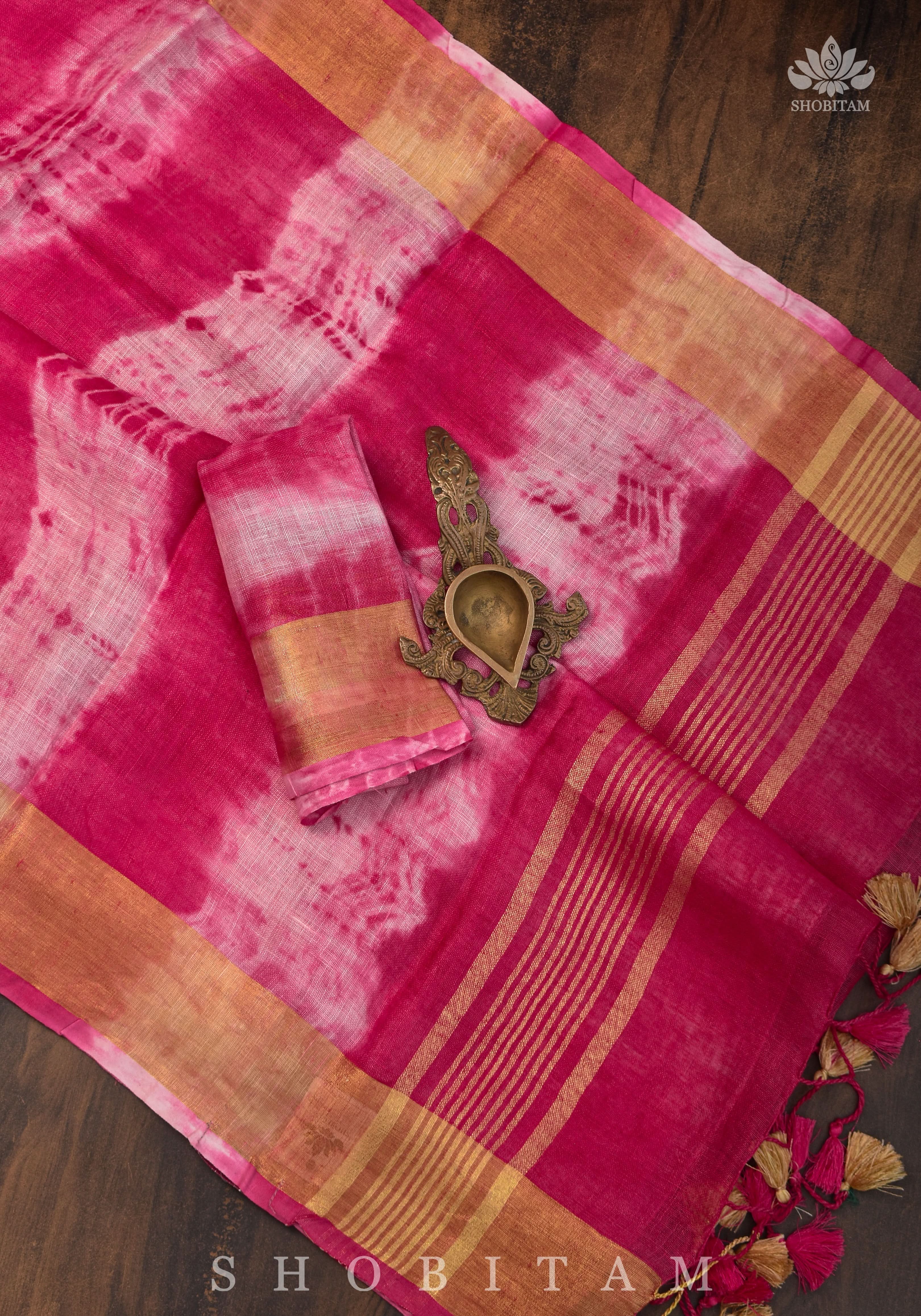 Handmade Shibori Dye Pure Linen by Linen Saree in Amaranth Pink and White with long tassels | Shobitam