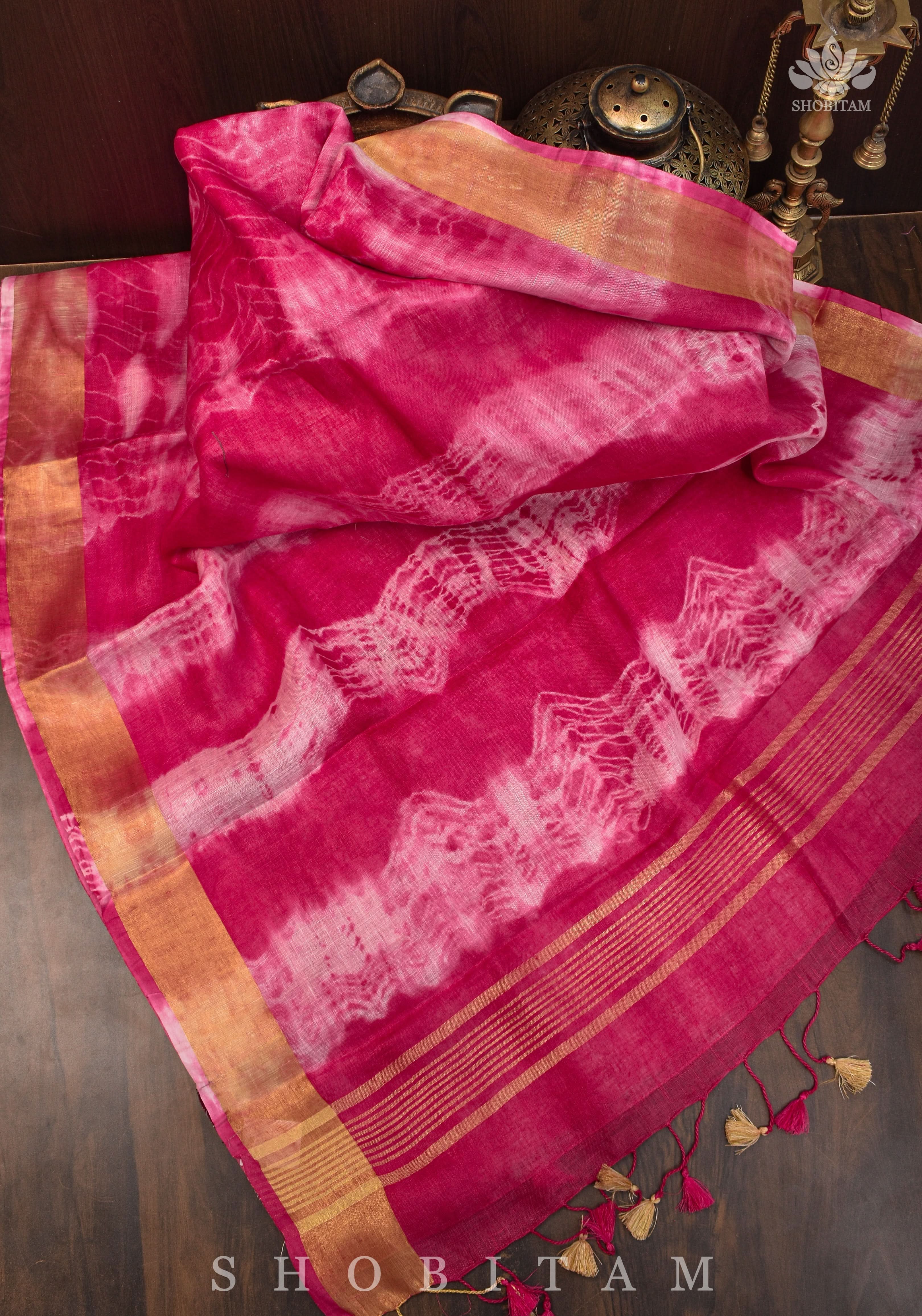 Handmade Shibori Dye Pure Linen by Linen Saree in Amaranth Pink and White with long tassels | Shobitam