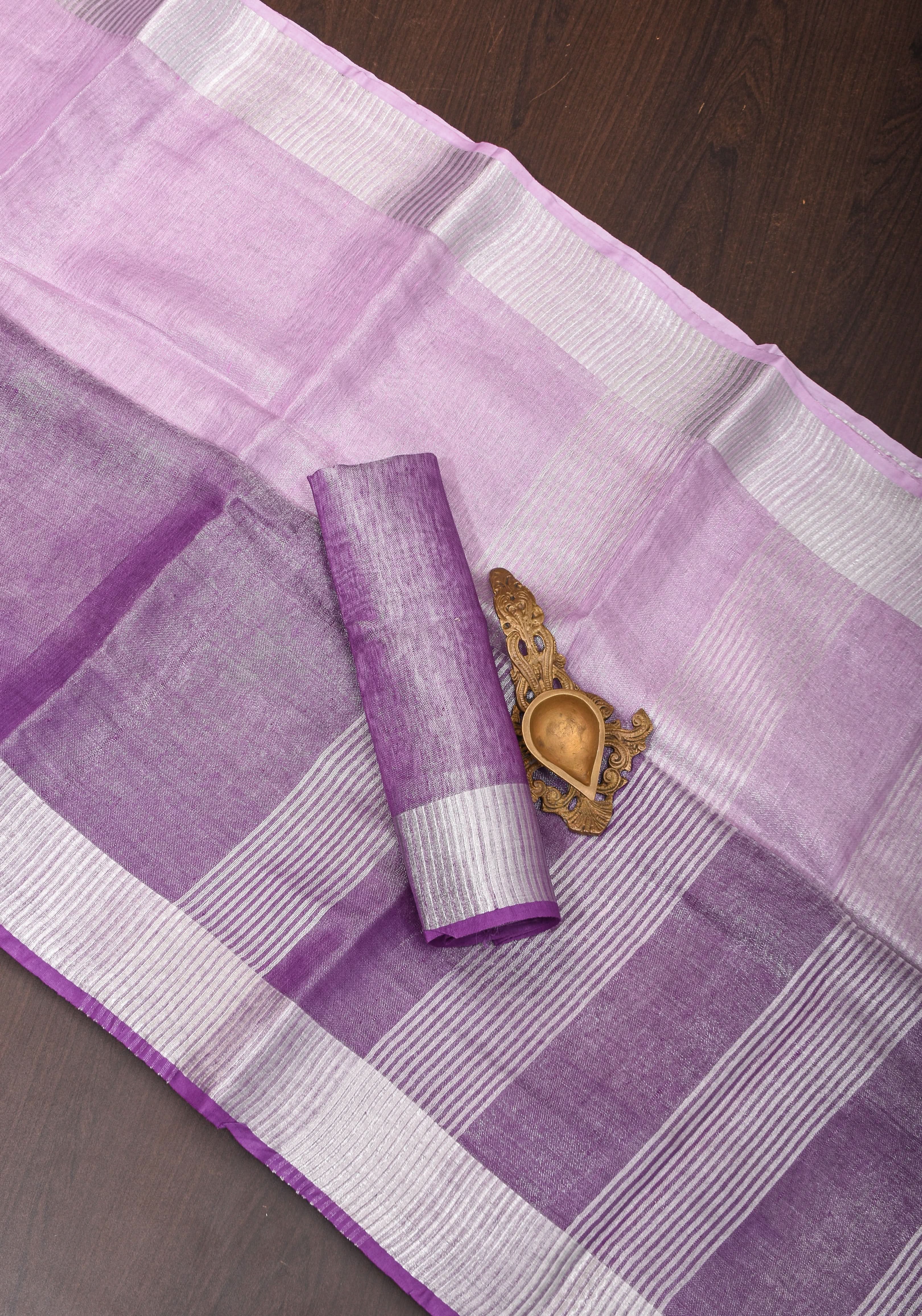 Dark Lilac Ombre Silver Tissue Linen Saree with Silver Ribbed Borders | Shobitam