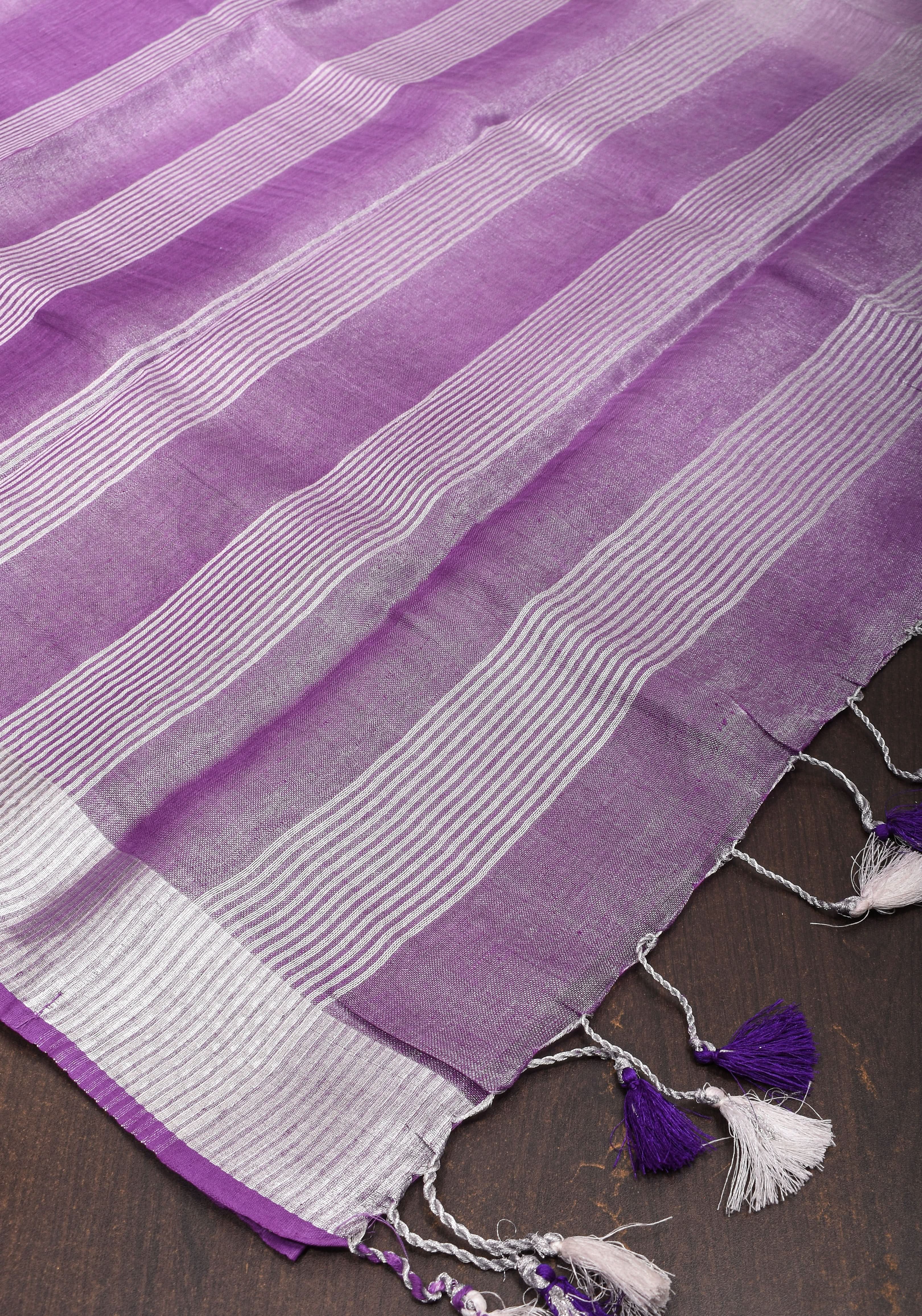 Dark Lilac Ombre Silver Tissue Linen Saree with Silver Ribbed Borders | Shobitam