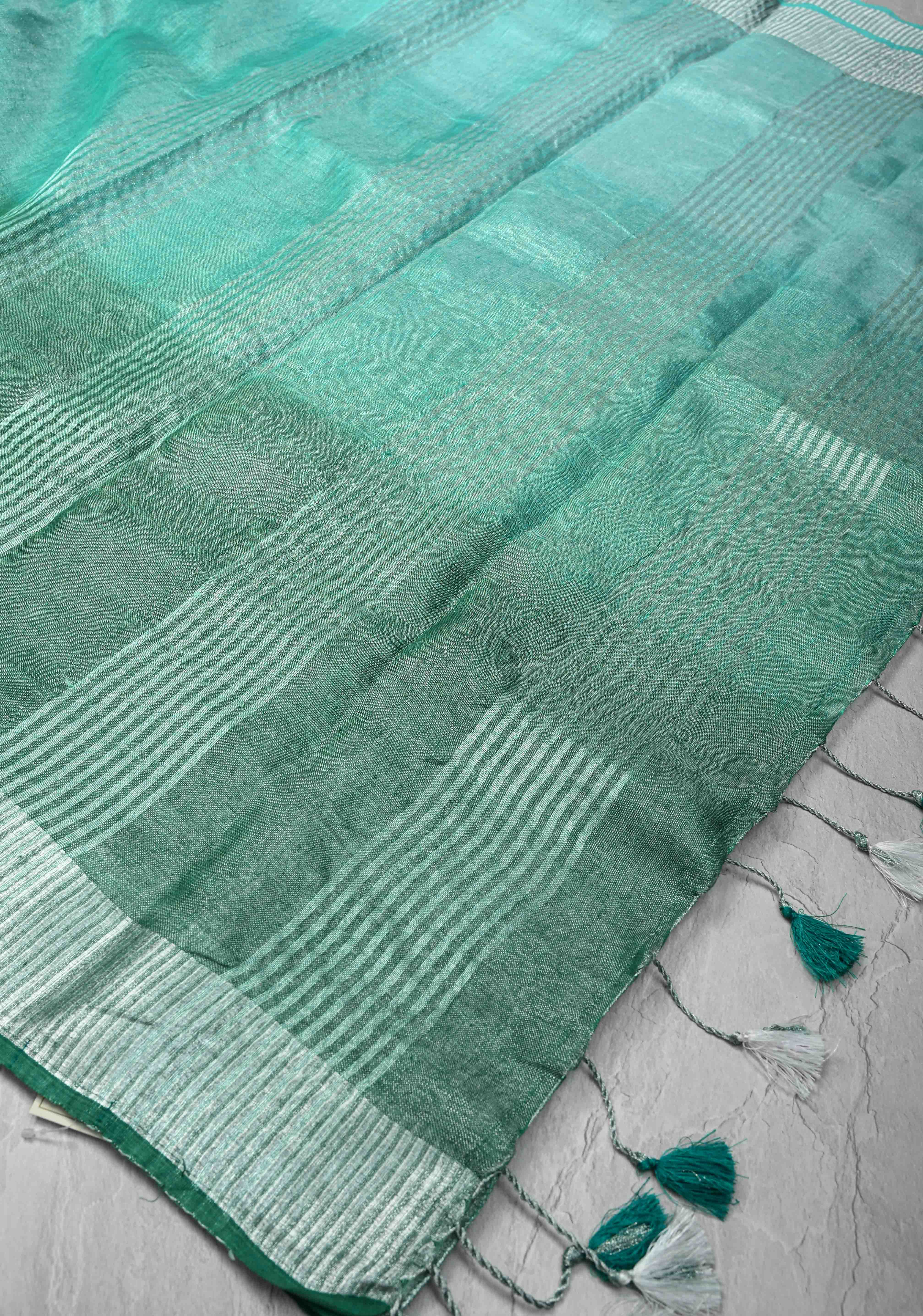 Cyan and Sea Green Ombre Shaded Tissue Linen Saree with Zari Border | Shobitam