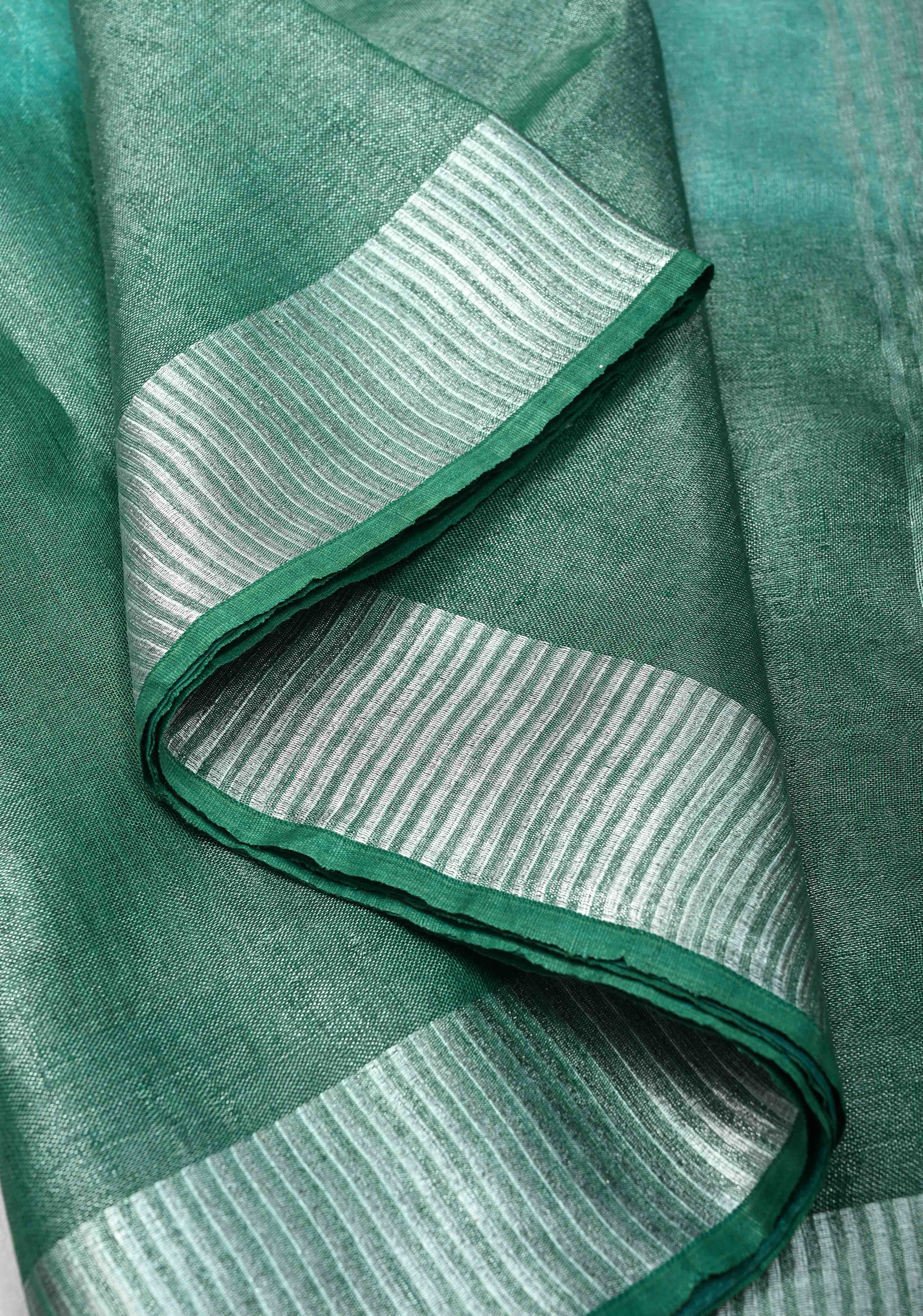 Cyan and Sea Green Ombre Shaded Tissue Linen Saree with Zari Border | Shobitam