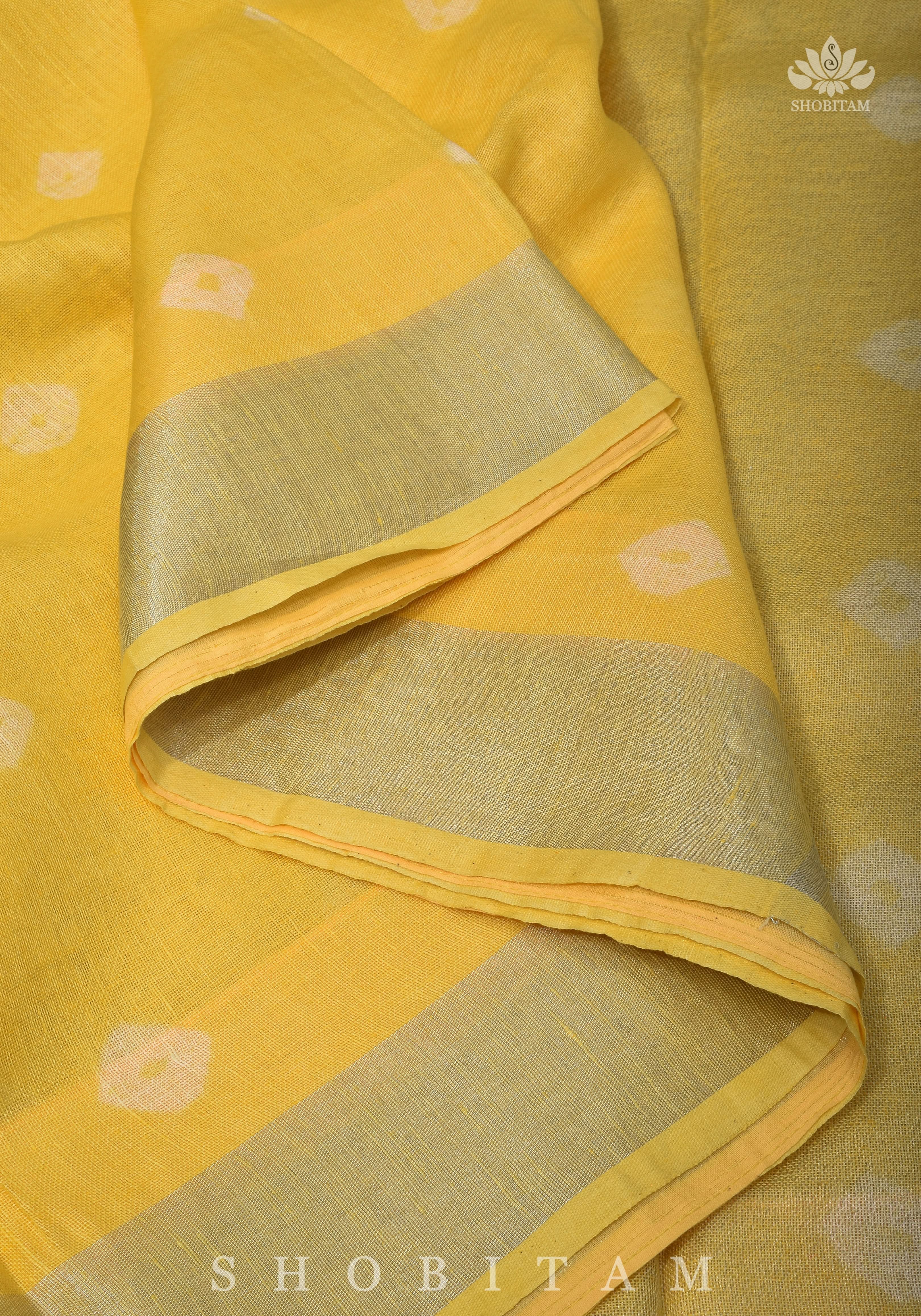 Authentic Bandini - Shibori on Pure Linen by Linen Saree with Zari Border in Sunflower Yellow | Shobitam