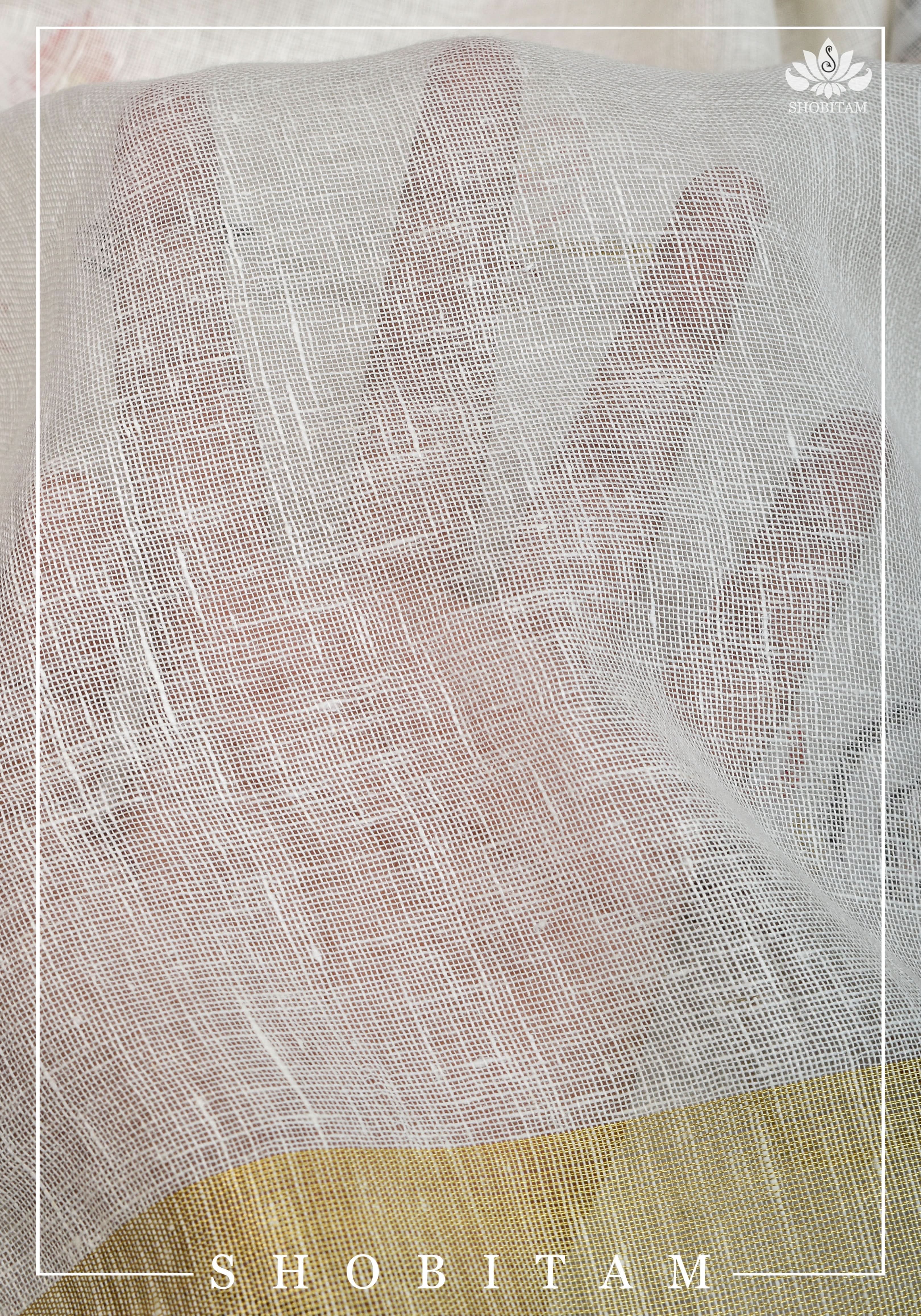 Stunning White Linen Saree with Goddess Durga Motif. Top Seller Saree. Vidya Balan Favorite! | Shobitam