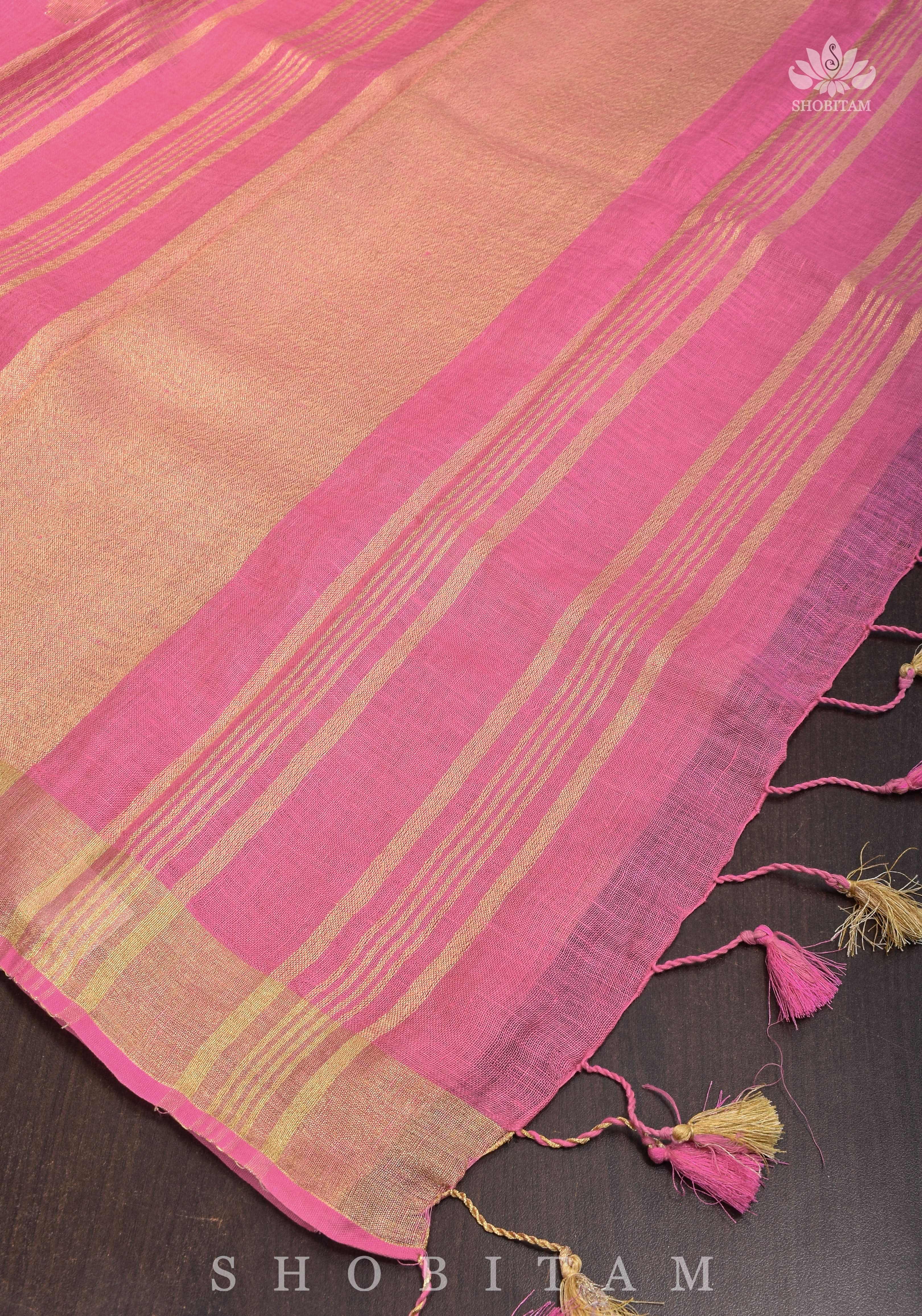 Carnation Pink Linen Saree with Polka Dots Weave | Shobitam Saree