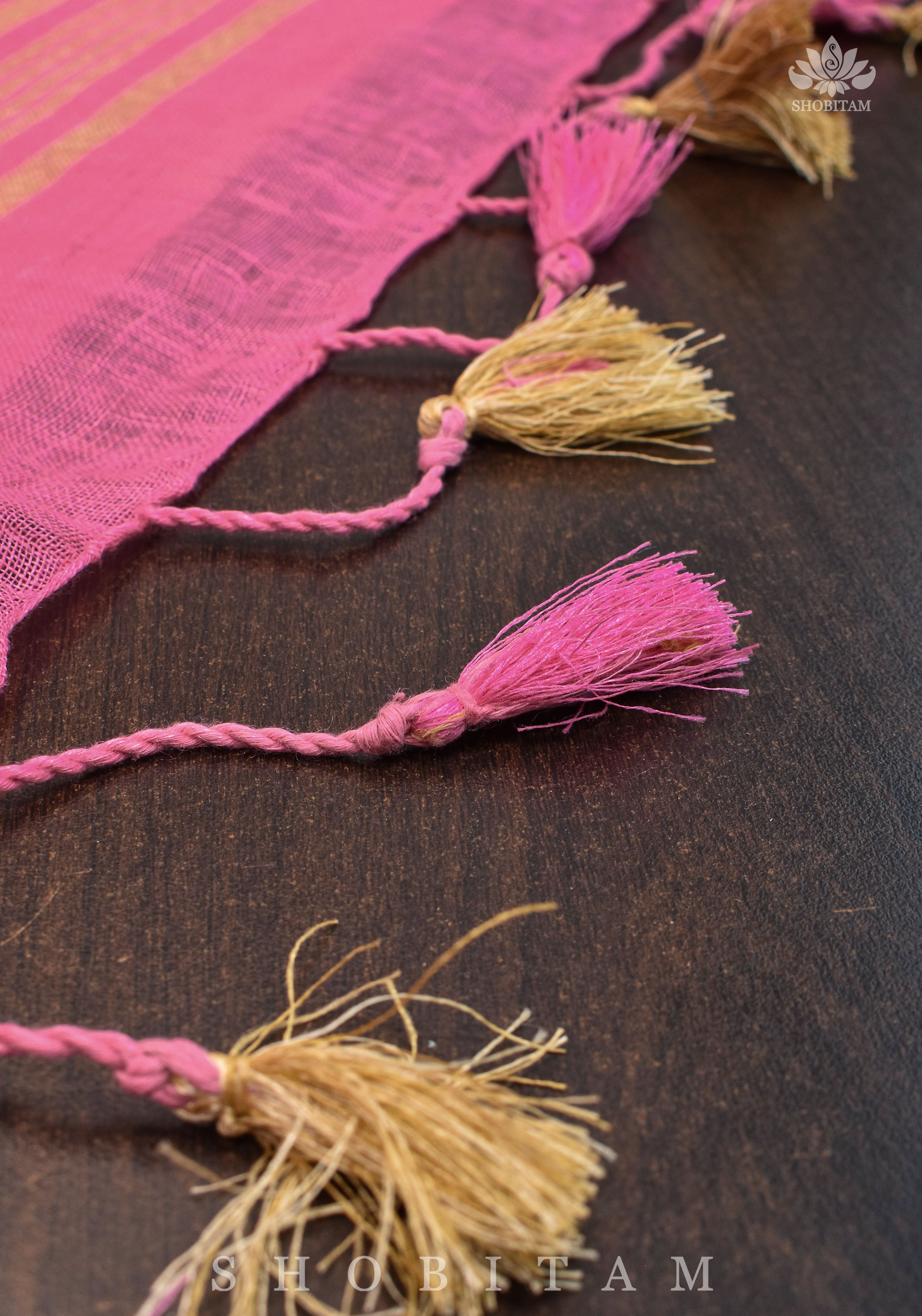 Carnation Pink Linen Saree with Polka Dots Weave | Shobitam Saree