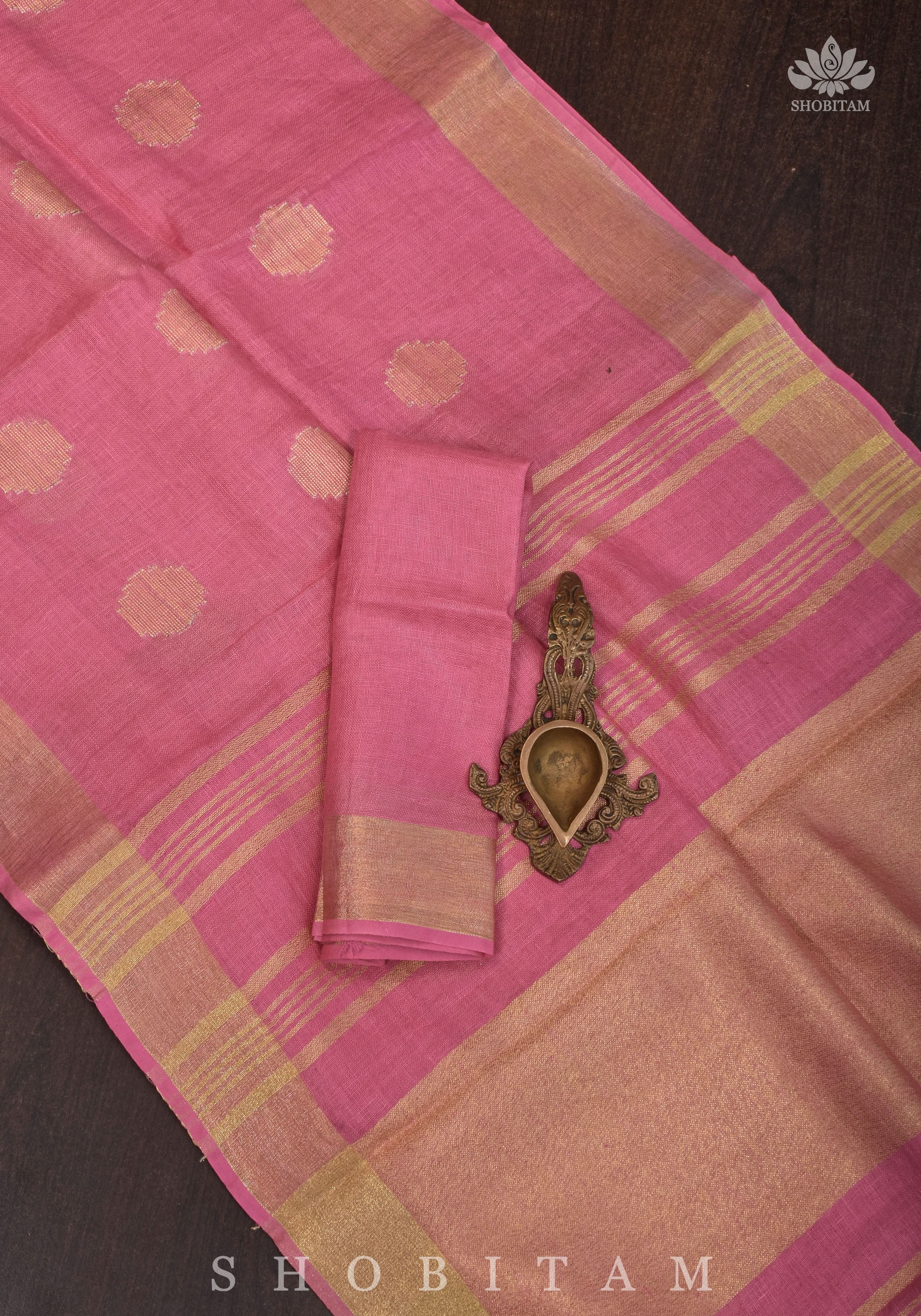 Carnation Pink Linen Saree with Polka Dots Weave | Shobitam Saree