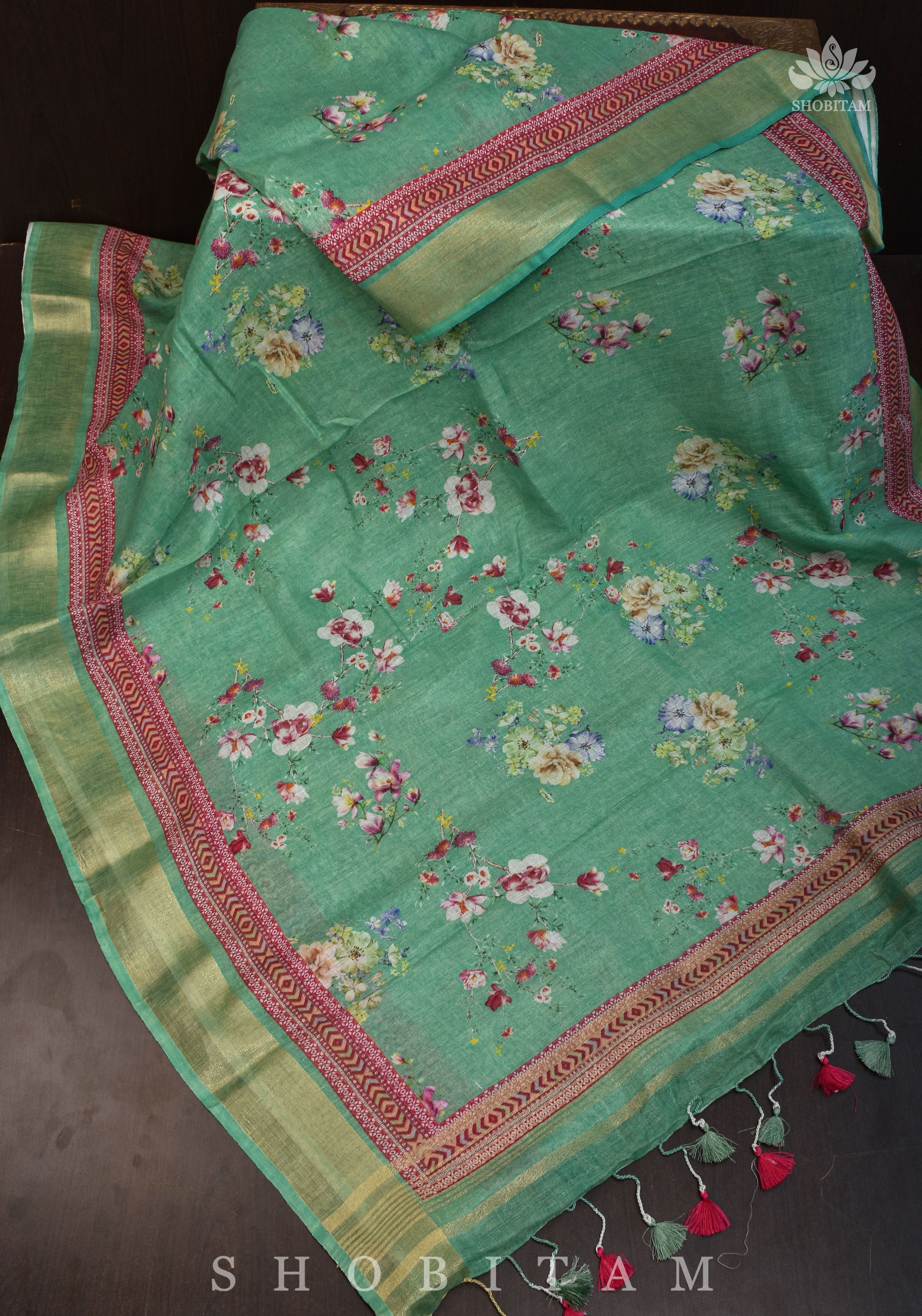 Green Digital Printed Silk Linen saree | Shobitam