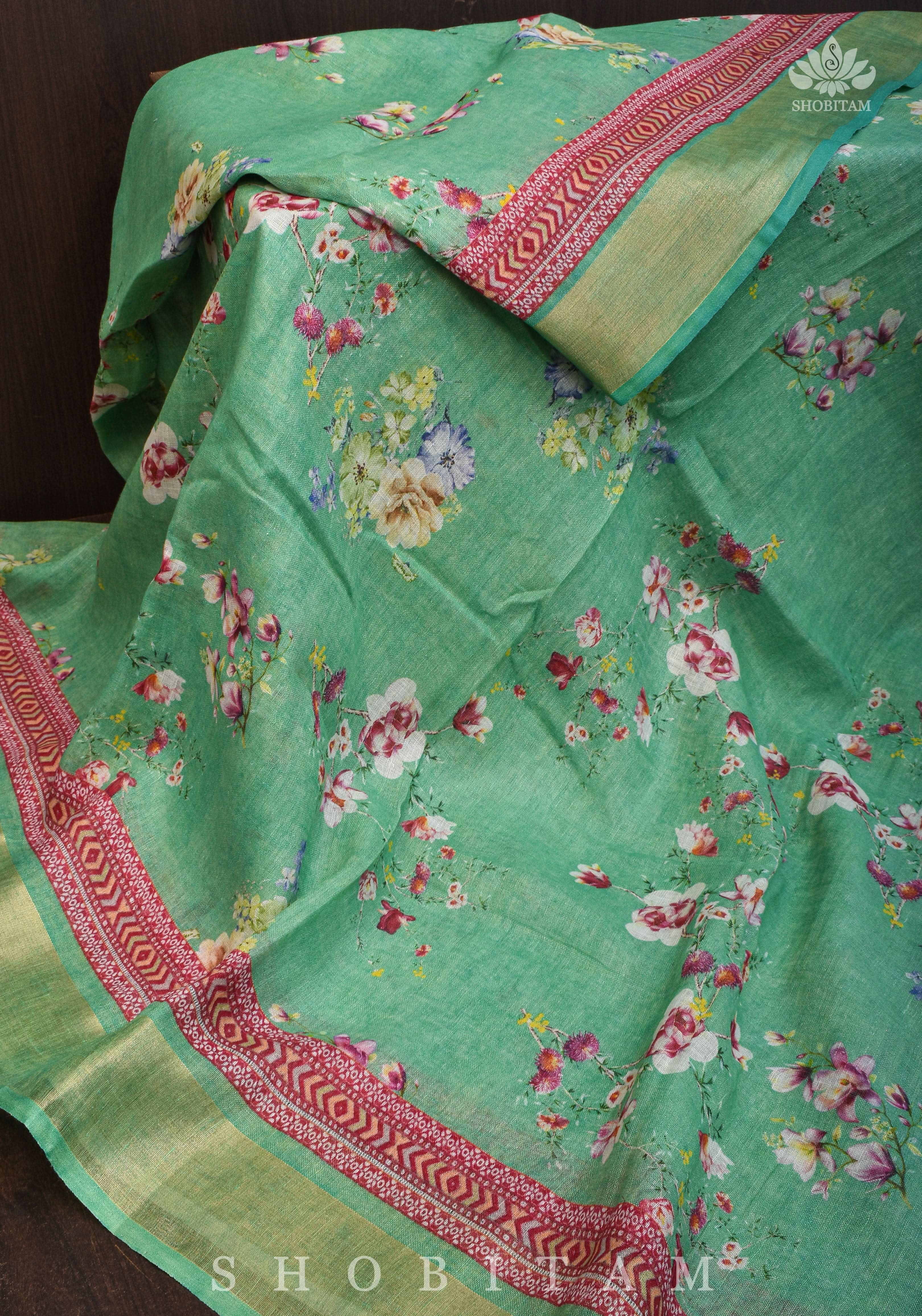 Green Digital Printed Silk Linen saree | Shobitam