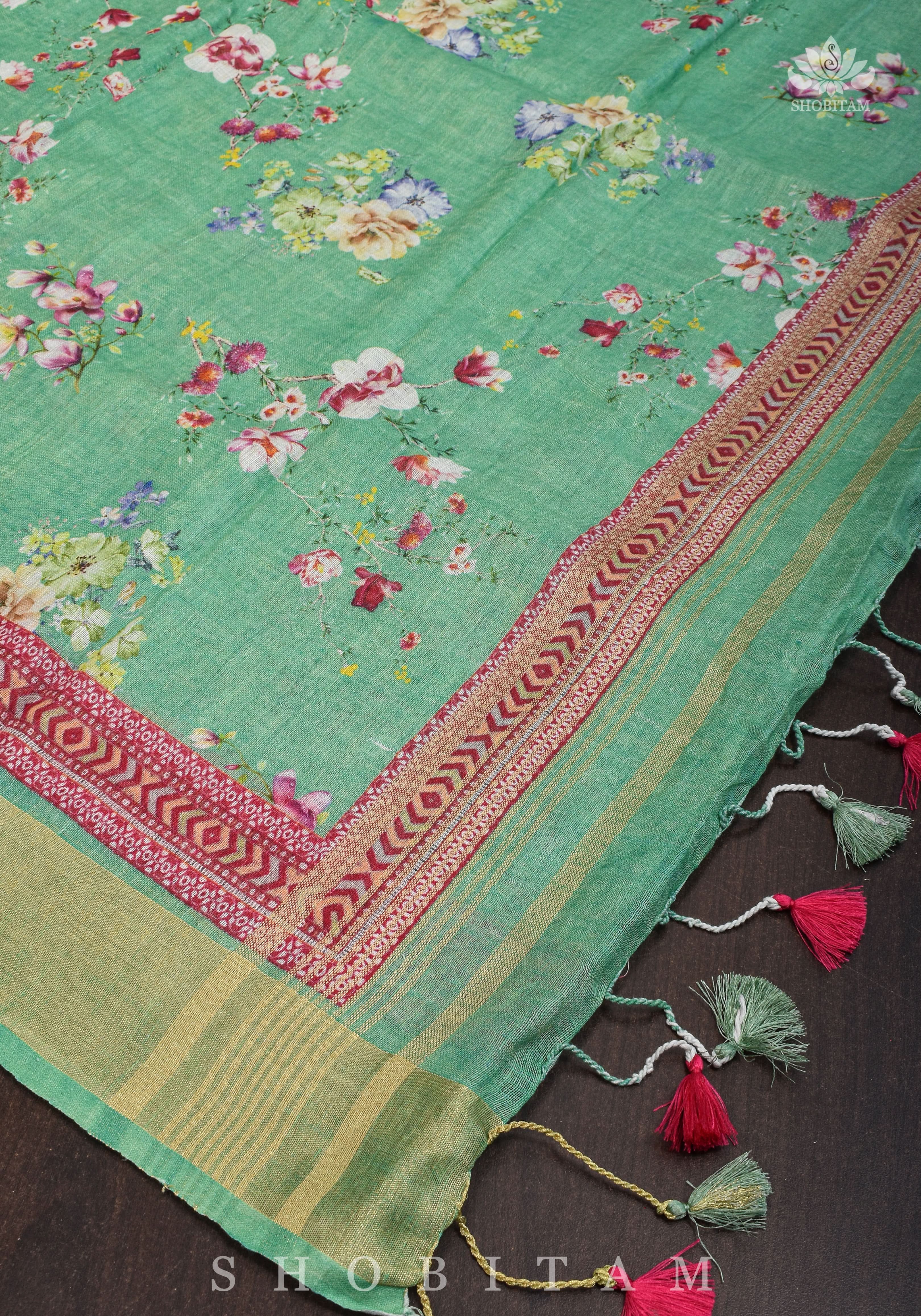 Green Digital Printed Silk Linen saree | Shobitam